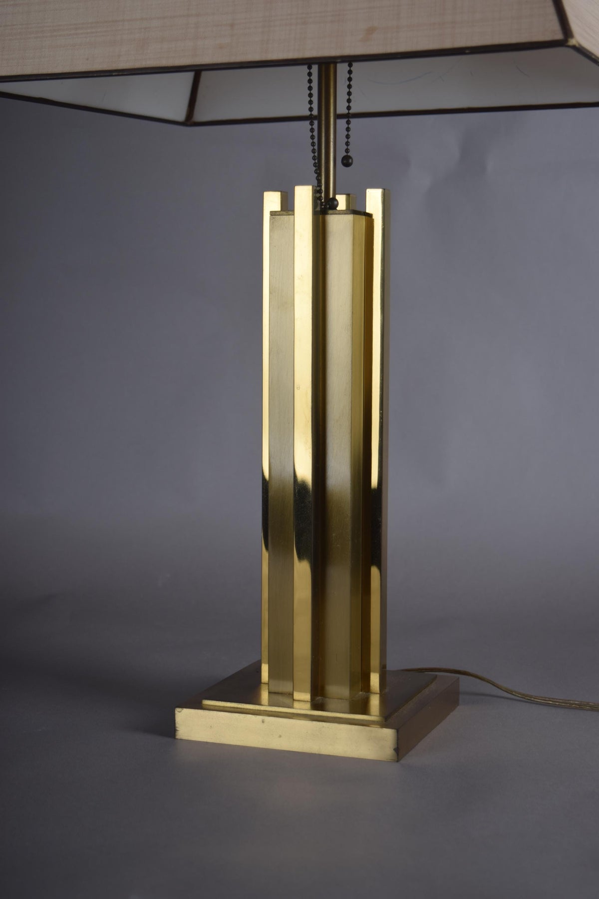 Willy Rizzo Style Brass Table Lamp, 1970s Italy, Skyscraper Column Design, Dual Pull Chain Lamp
