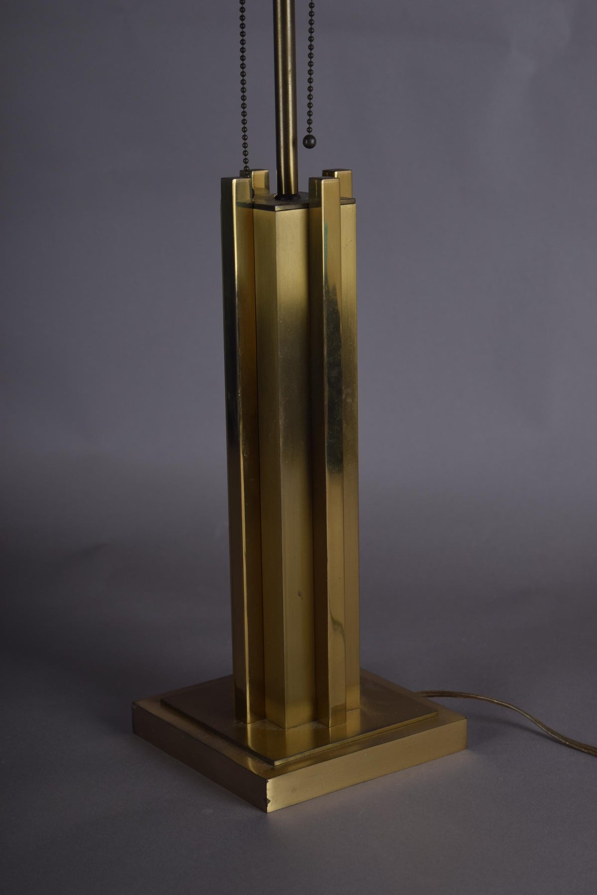 Willy Rizzo Style Brass Table Lamp, 1970s Italy, Skyscraper Column Design, Dual Pull Chain Lamp