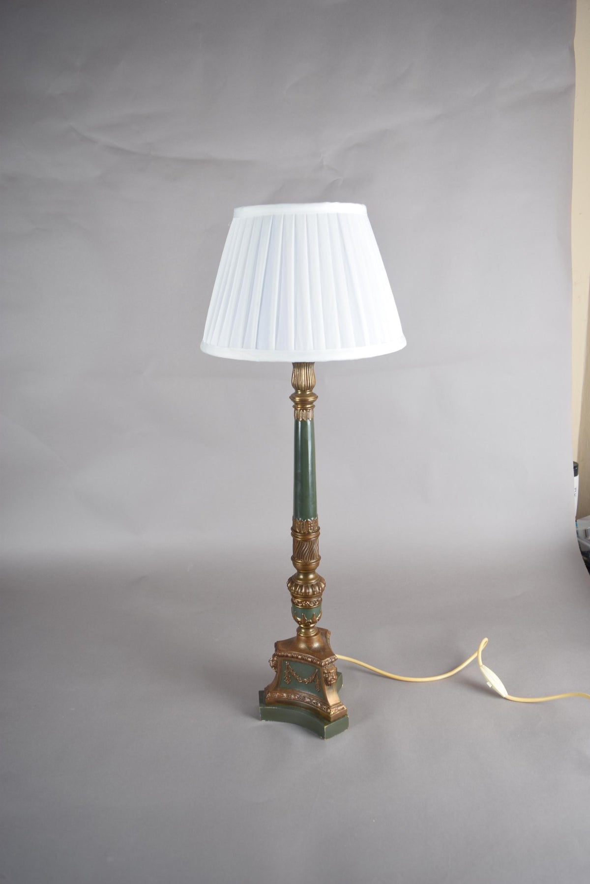 Vintage Brass-Toned Table Lamp, Louis XVI Style, Green Column with Pleated Shade, 1950s