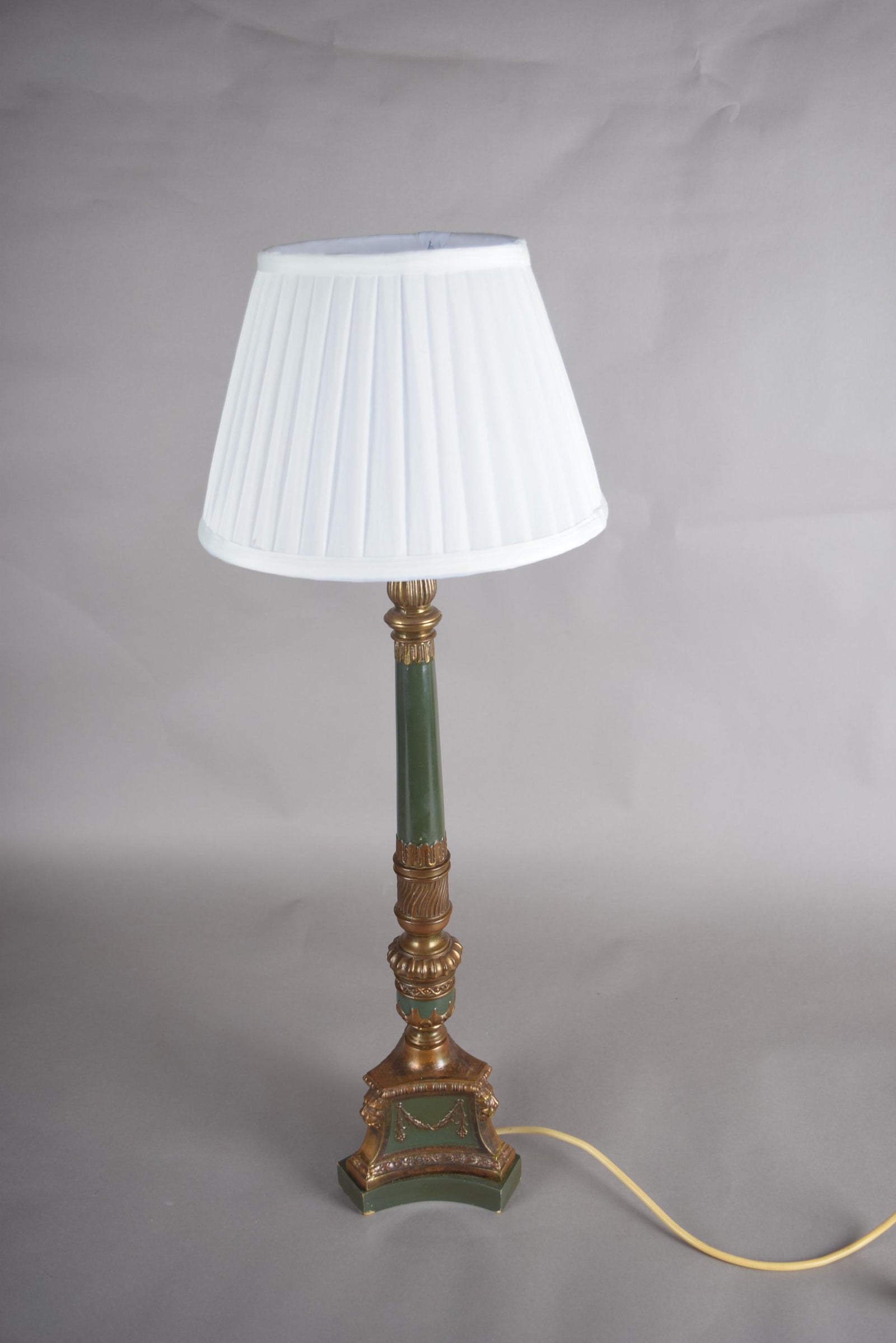 Vintage Brass-Toned Table Lamp, Louis XVI Style, Green Column with Pleated Shade, 1950s