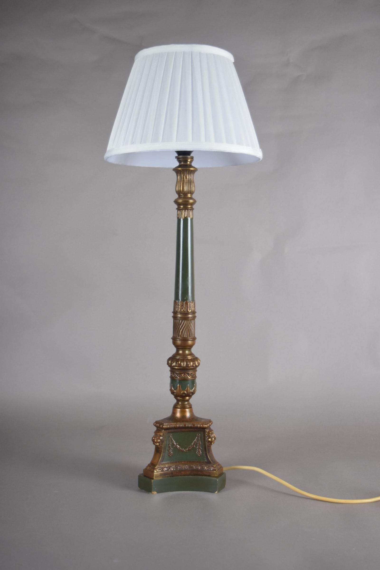 Vintage Brass-Toned Table Lamp, Louis XVI Style, Green Column with Pleated Shade, 1950s