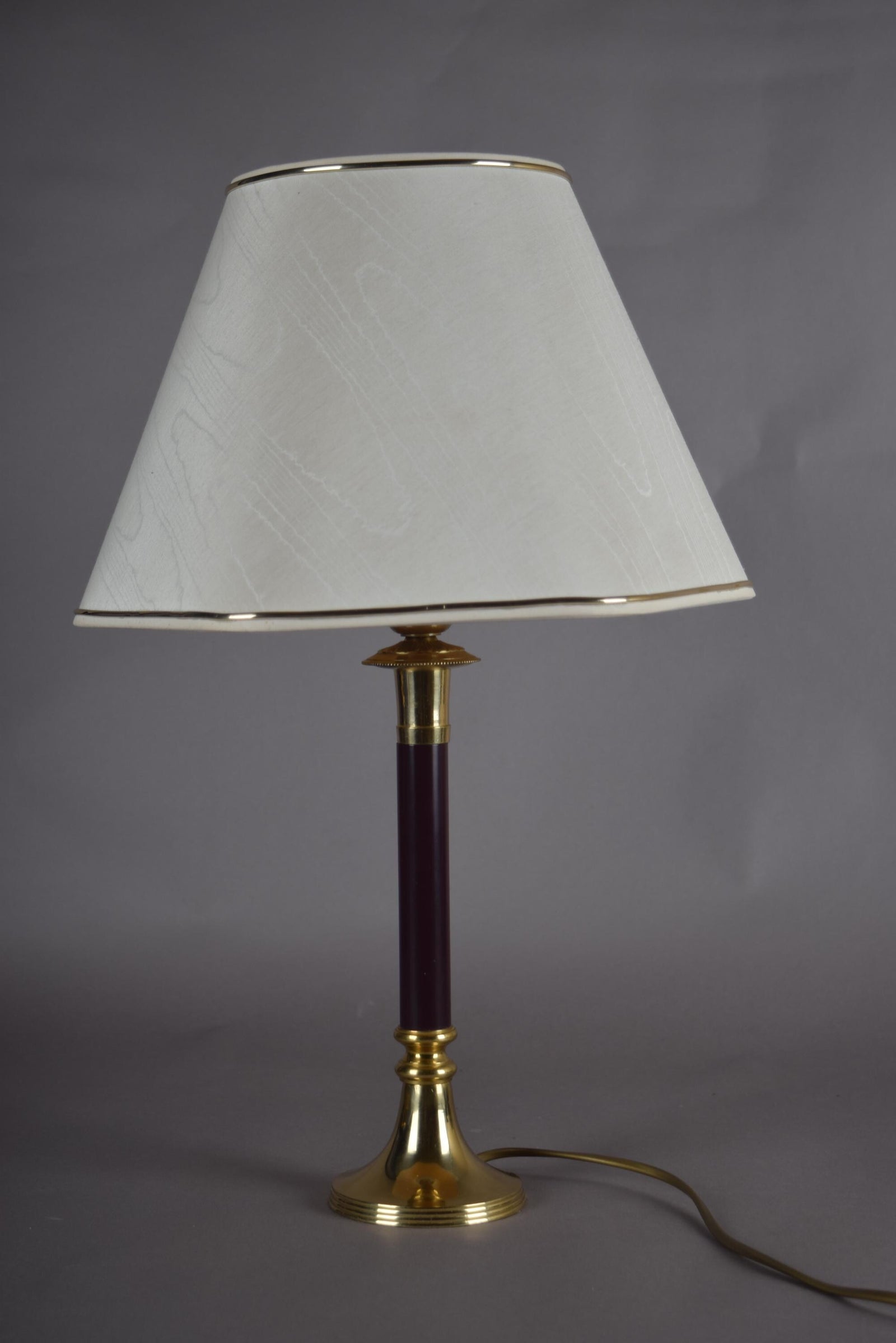 Vintage Brass Table Lamp, Burgundy Column, White Shade with Gold Trim, Hollywood Regency Style, 1980s