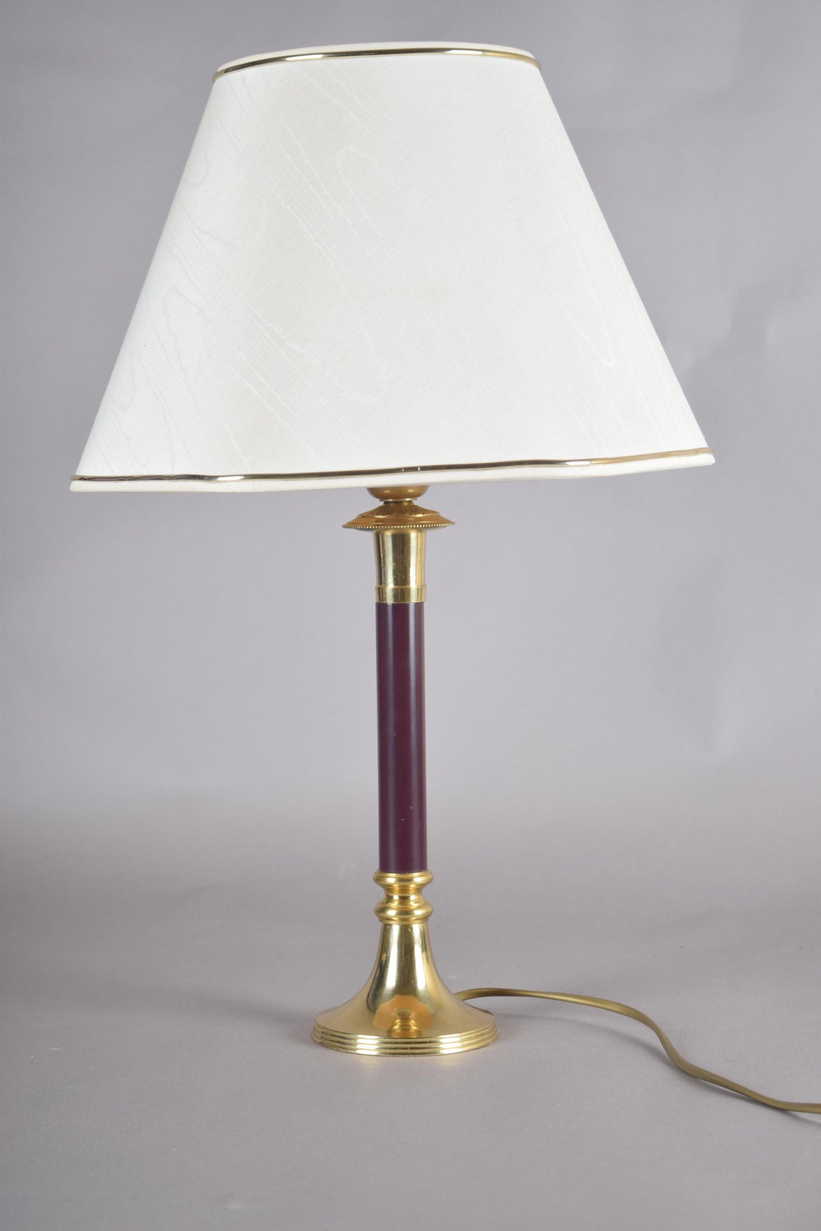 Vintage Brass Table Lamp, Burgundy Column, White Shade with Gold Trim, Hollywood Regency Style, 1980s
