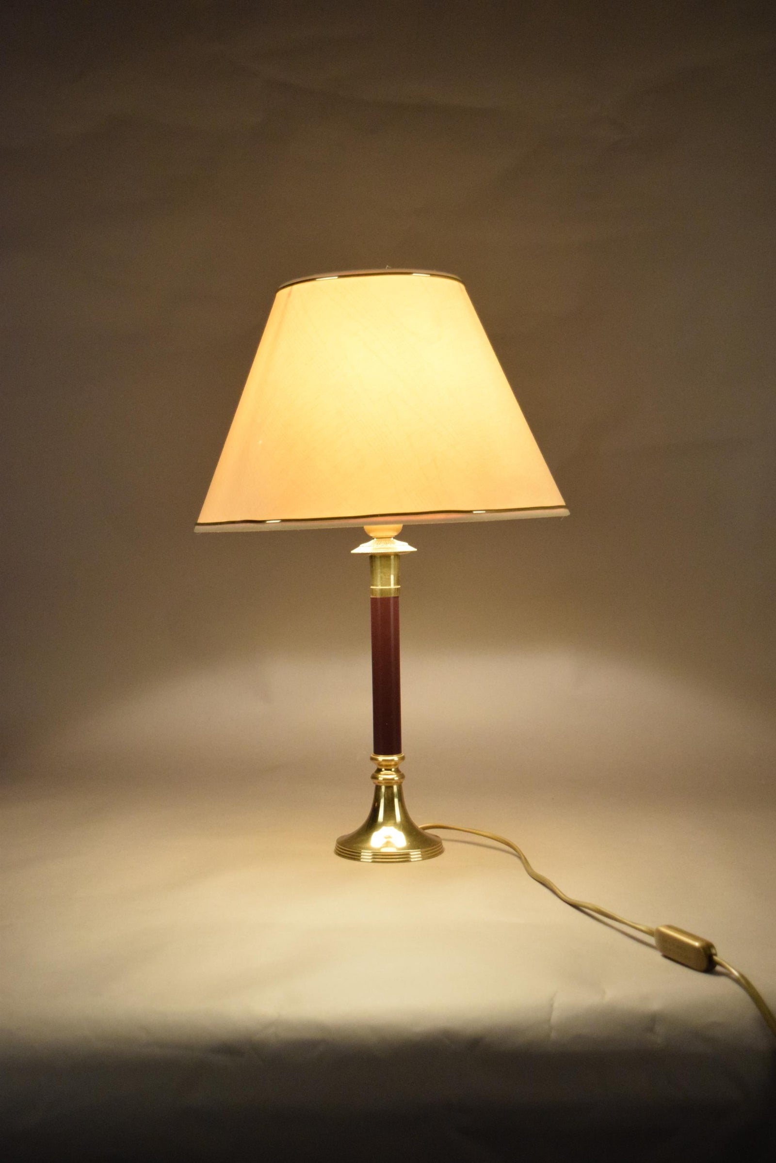 Vintage Brass Table Lamp, Burgundy Column, White Shade with Gold Trim, Hollywood Regency Style, 1980s