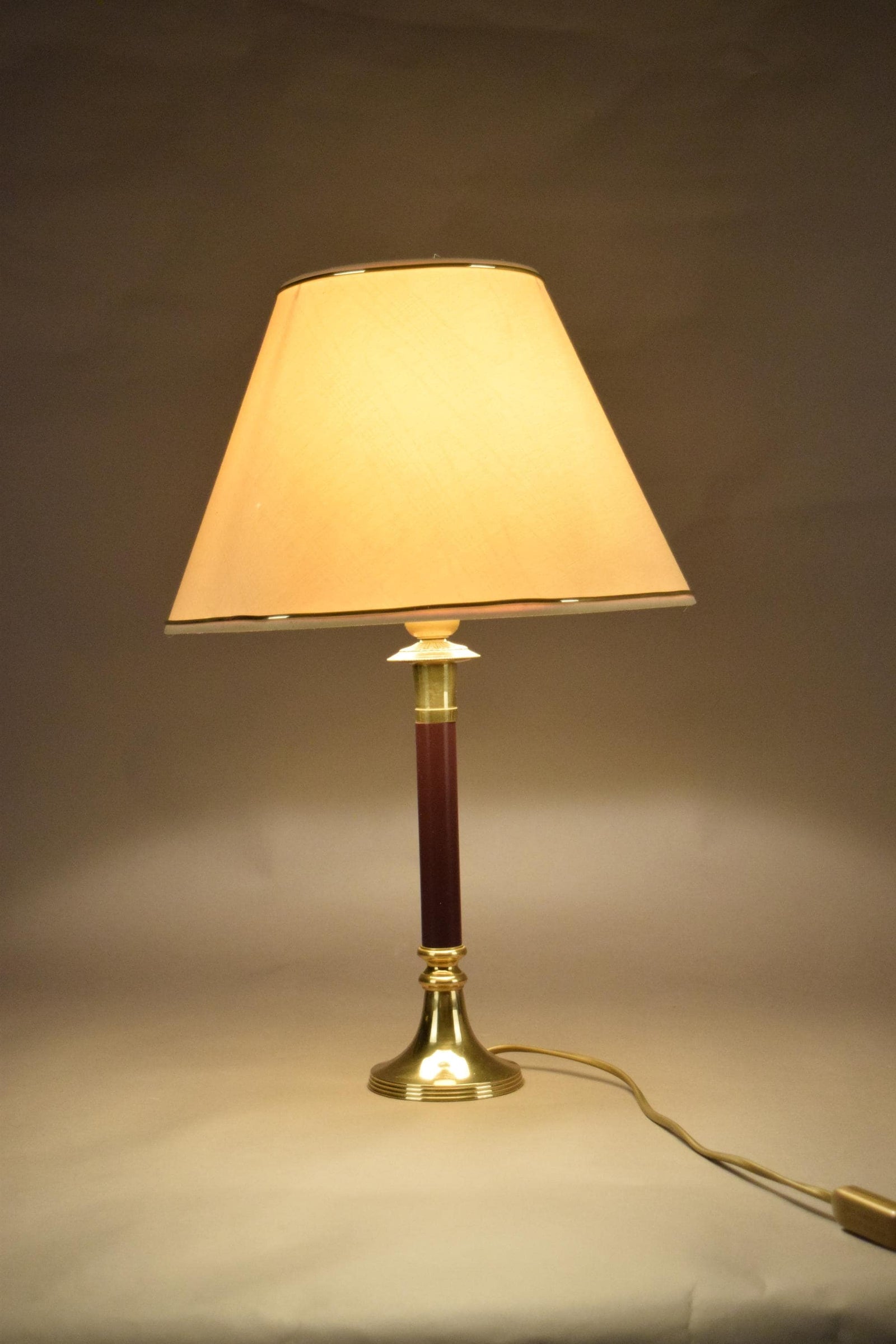 Vintage Brass Table Lamp, Burgundy Column, White Shade with Gold Trim, Hollywood Regency Style, 1980s