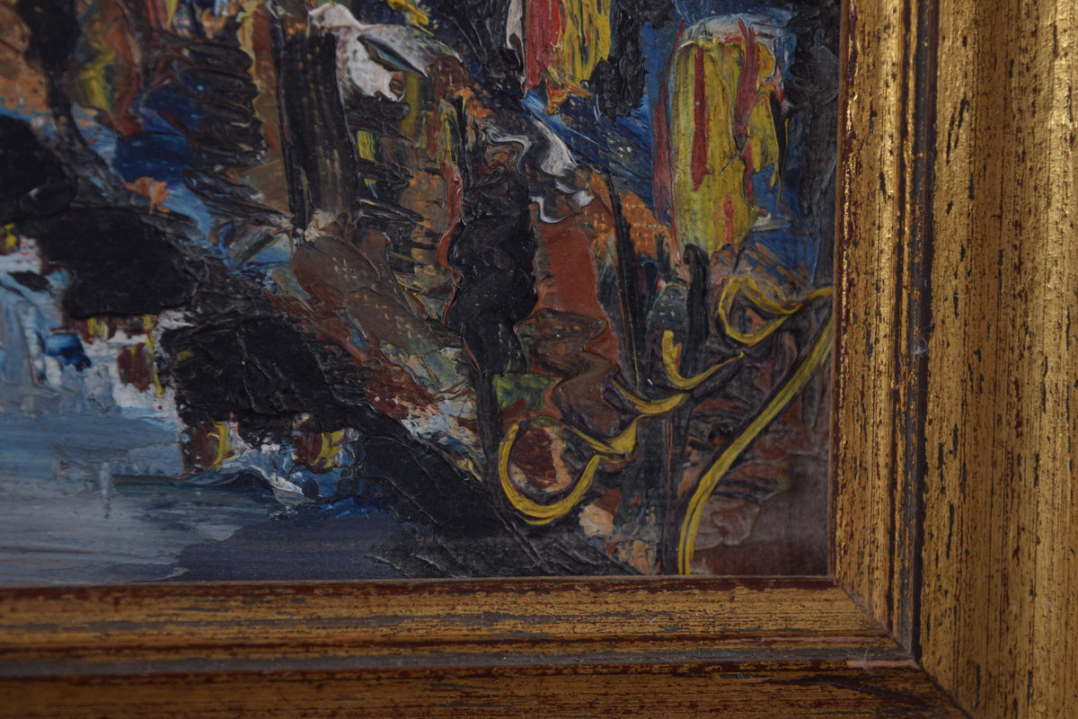 Impressionist Night Street Scene, Oil on Panel, Signed Cuca, Gilt Frame, 1950s