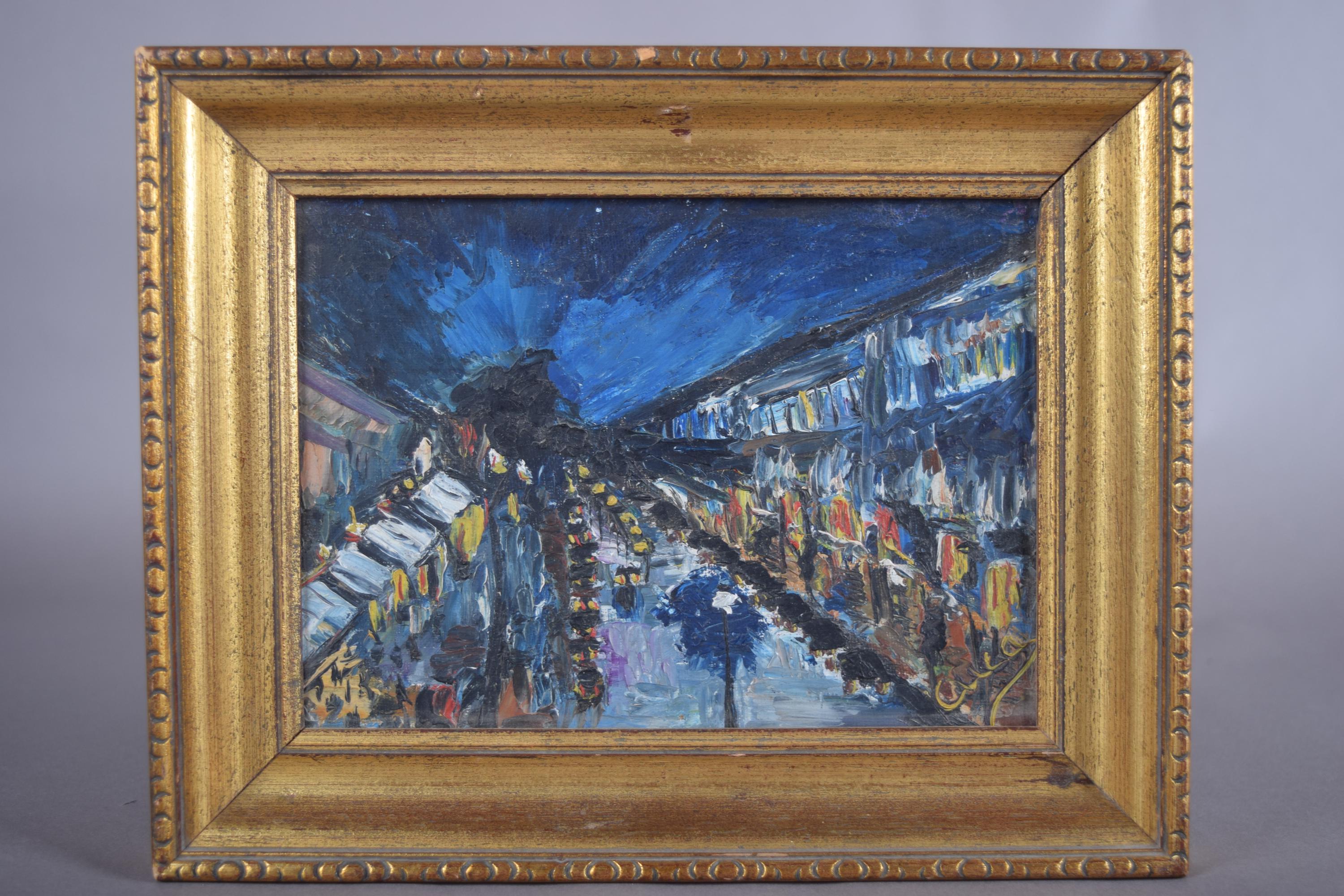 Impressionist Night Street Scene, Oil on Panel, Signed Cuca, Gilt Frame, 1950s