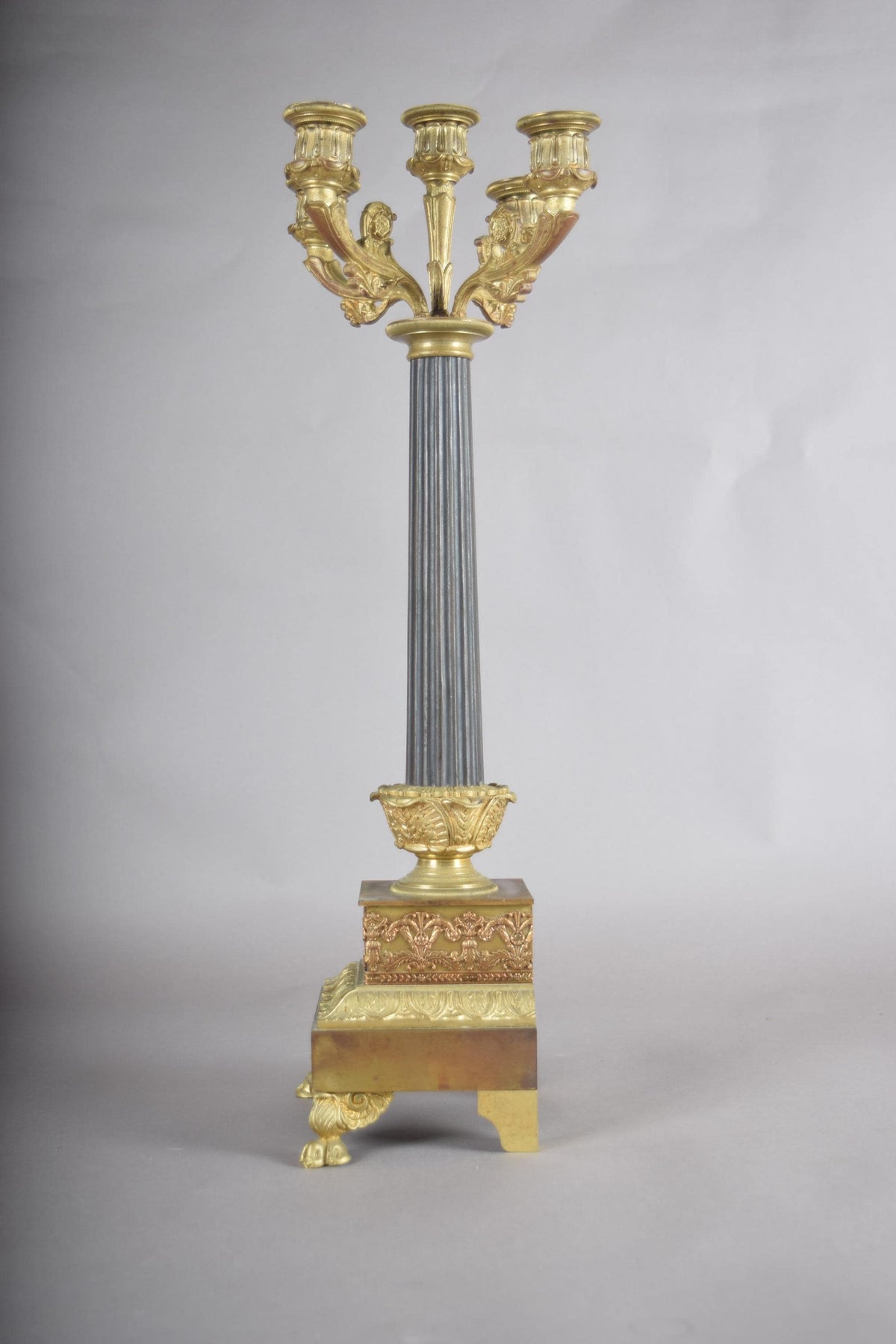 Antique Gilt Bronze Candelabra, Fluted Column with Figural Arms — French, 19th Century