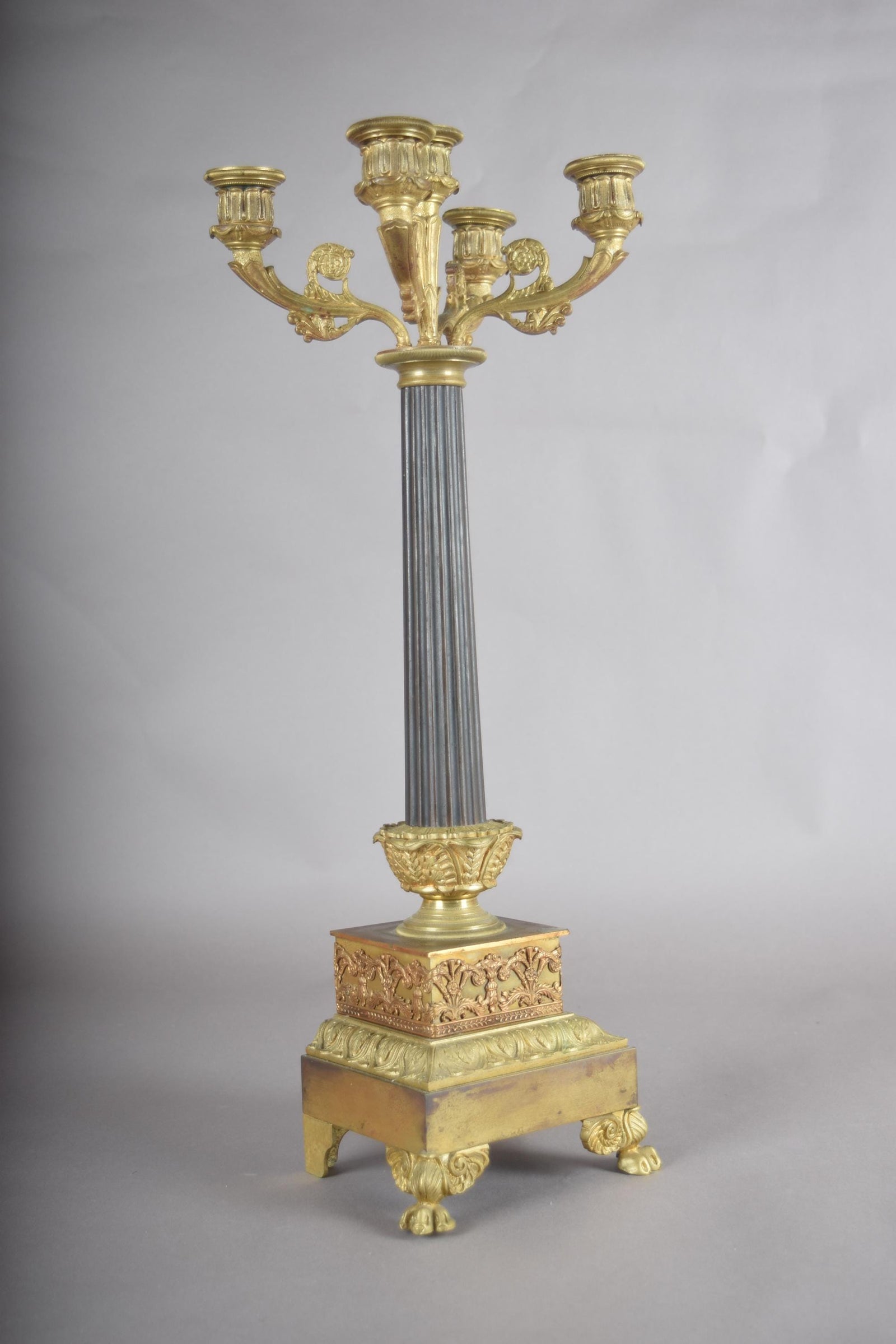 Antique Gilt Bronze Candelabra, Fluted Column with Figural Arms — French, 19th Century