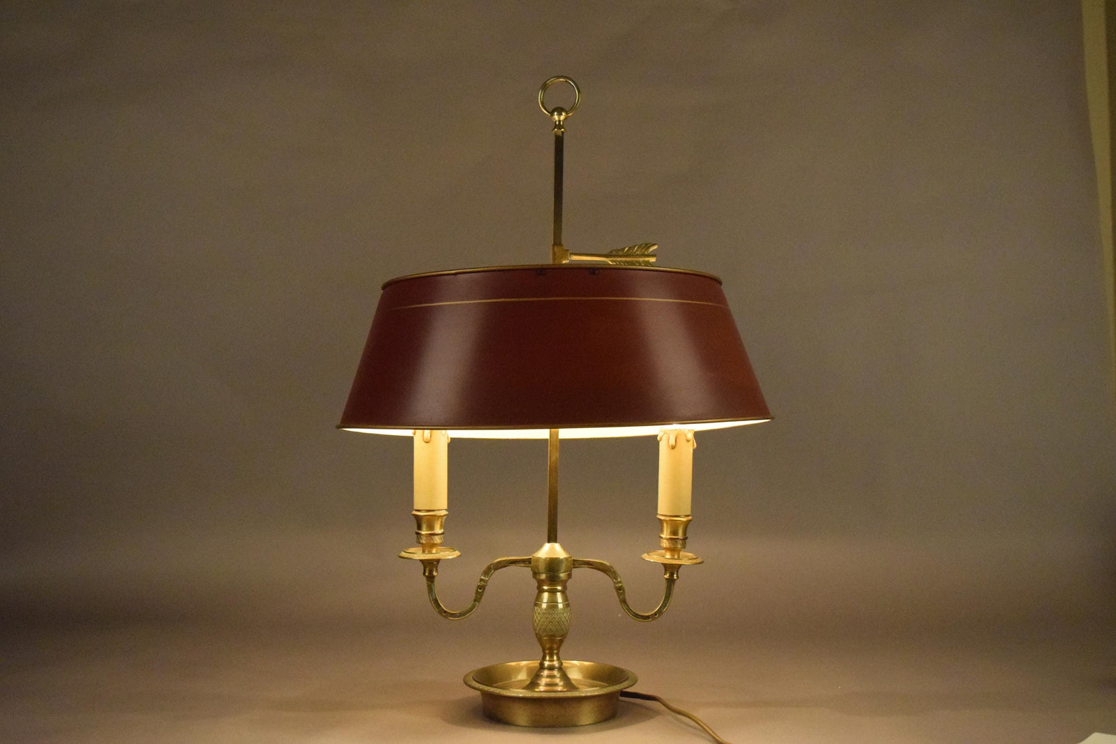 French Bouillotte Lamp, Brass Two-Light Base with Red Tôle Shade, 1930s