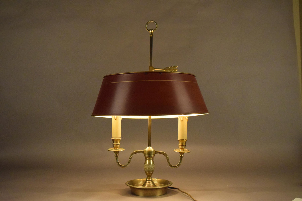 French Bouillotte Lamp, Brass Two-Light Base with Red Tôle Shade, 1930s