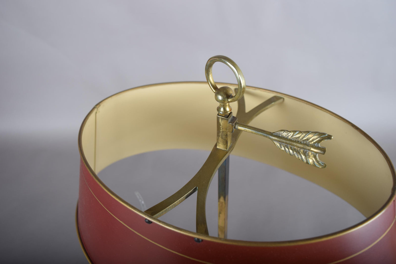 French Bouillotte Lamp, Brass Two-Light Base with Red Tôle Shade, 1930s