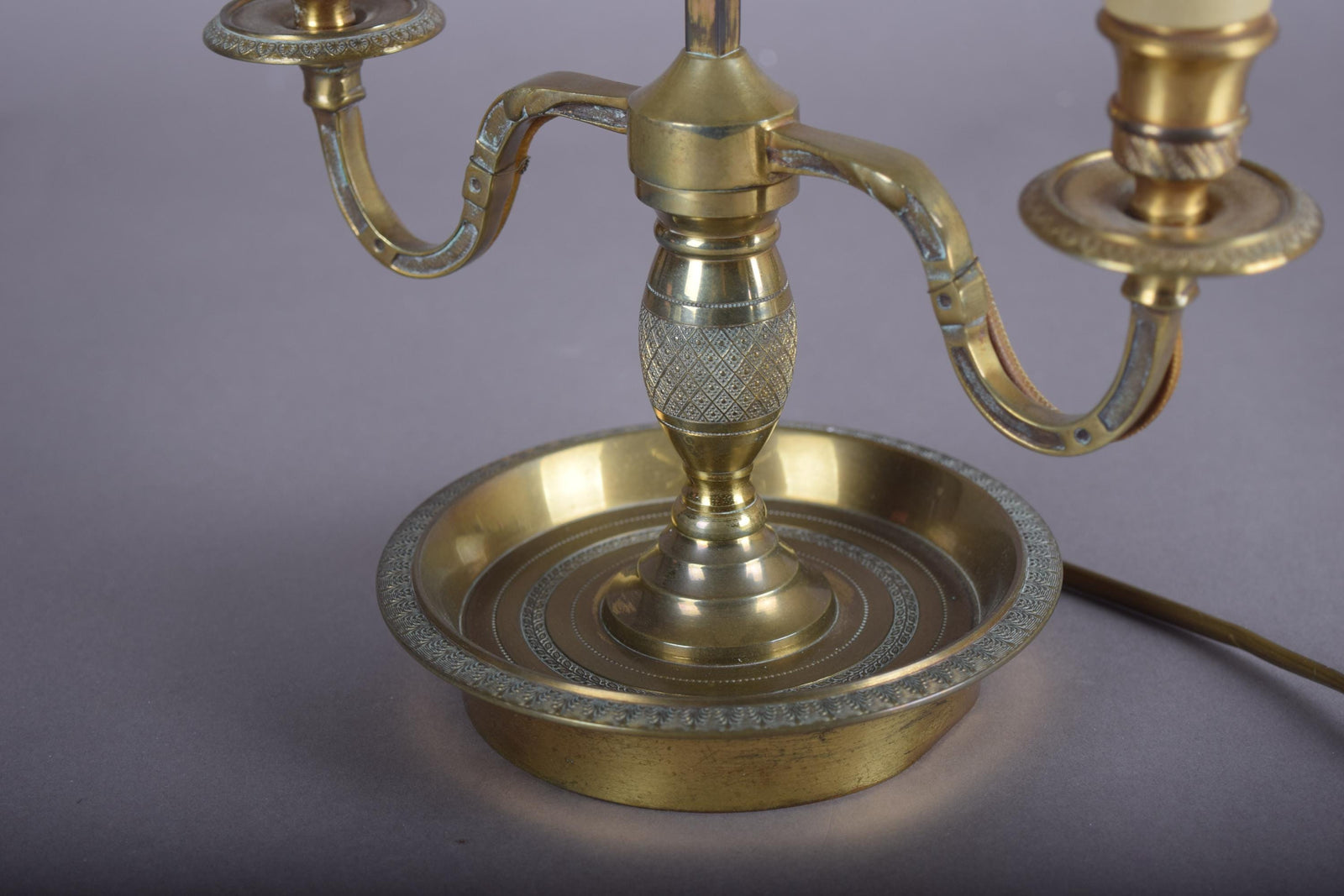 French Bouillotte Lamp, Brass Two-Light Base with Red Tôle Shade, 1930s
