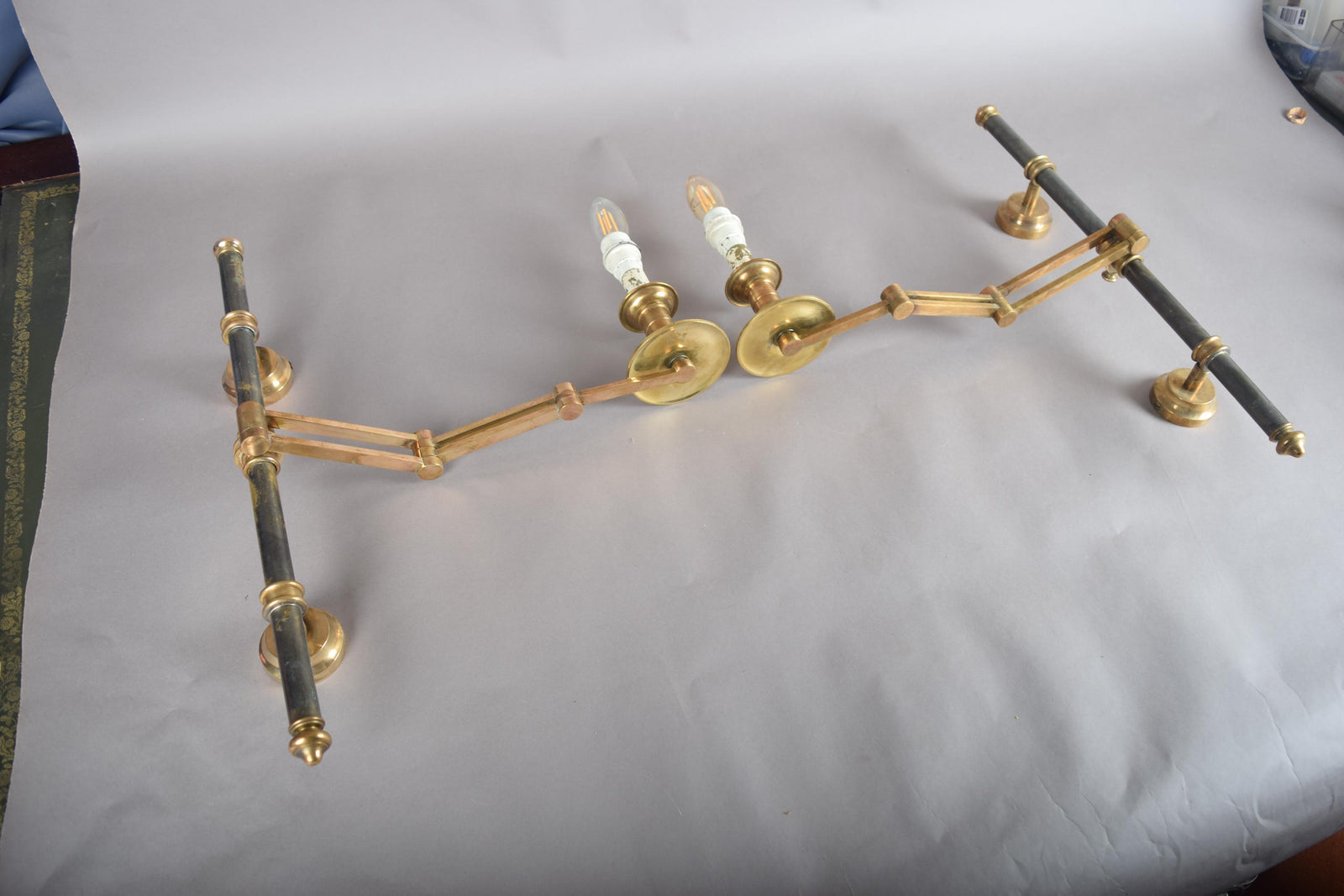 Pair of Brass and Dark Metal Swing-Arm Wall Sconces, Articulated Task Lighting, 1960s