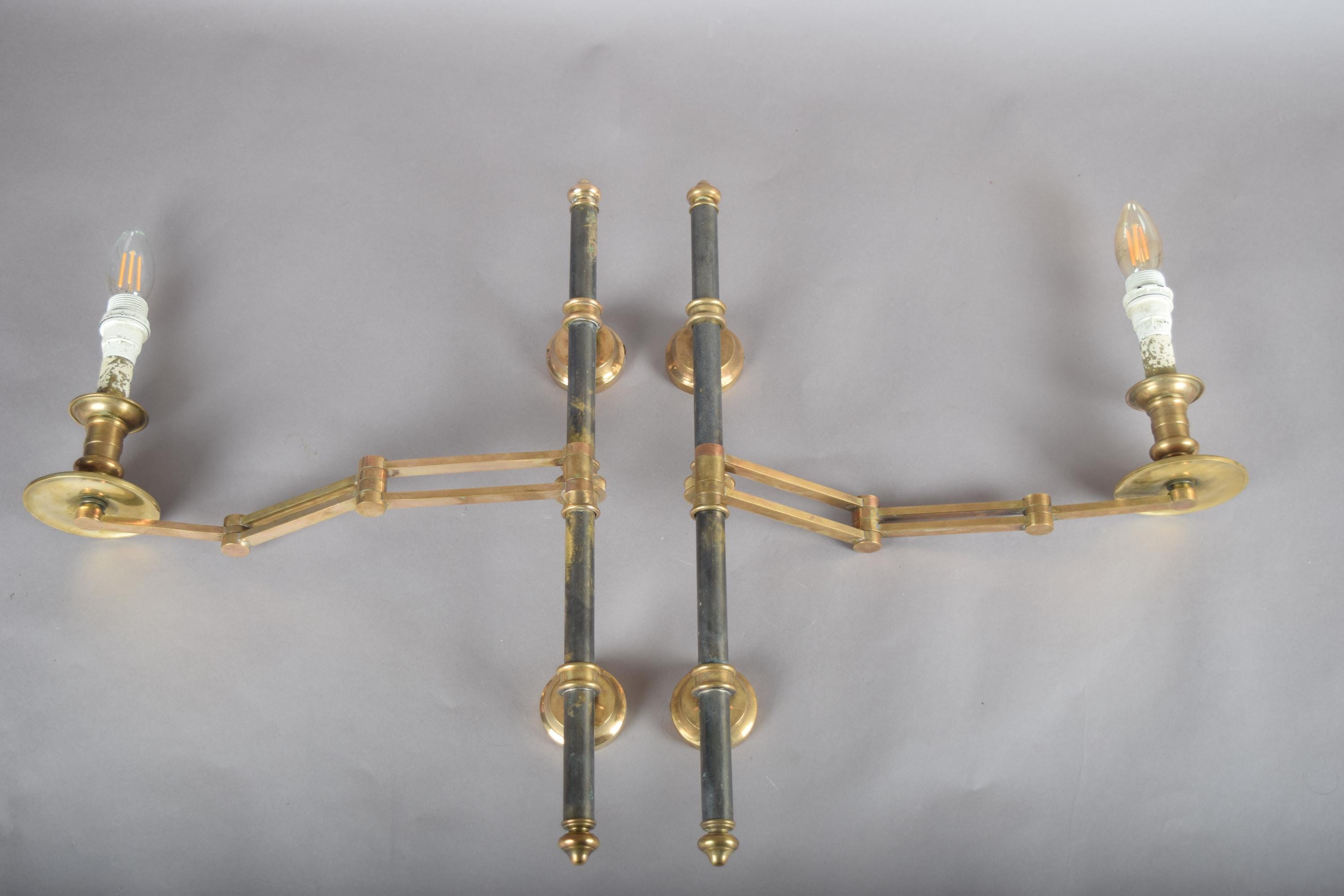 Pair of Brass and Dark Metal Swing-Arm Wall Sconces, Articulated Task Lighting, 1960s