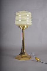 Josef Hoffmann Style Table Lamp, Brass Base with Ribbed Opaline Glass Shade, Wiener Werkstätte Inspired