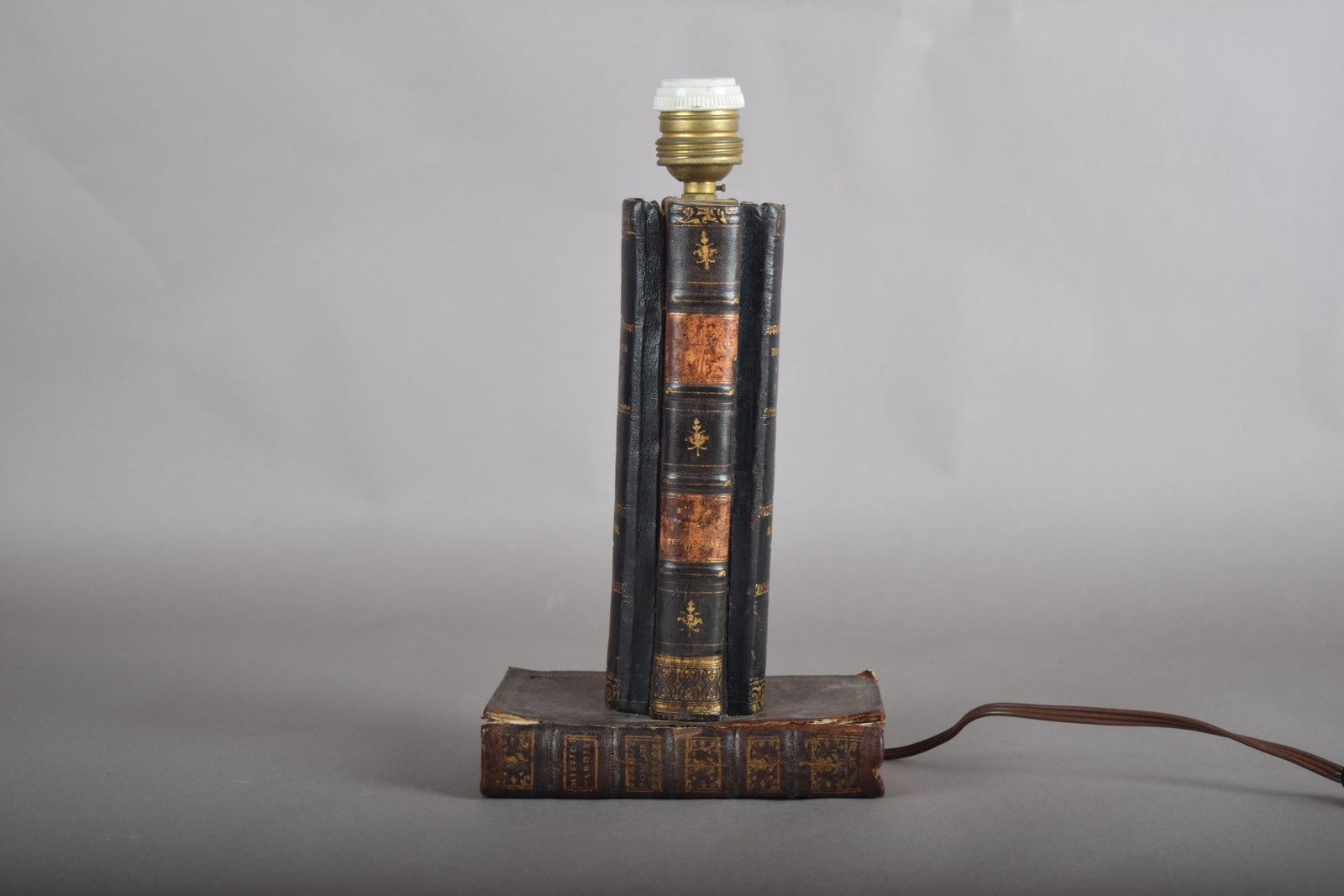 Antique Leather Book Stack Table Lamp — Gilt-Tooled Bindings, Library Accent