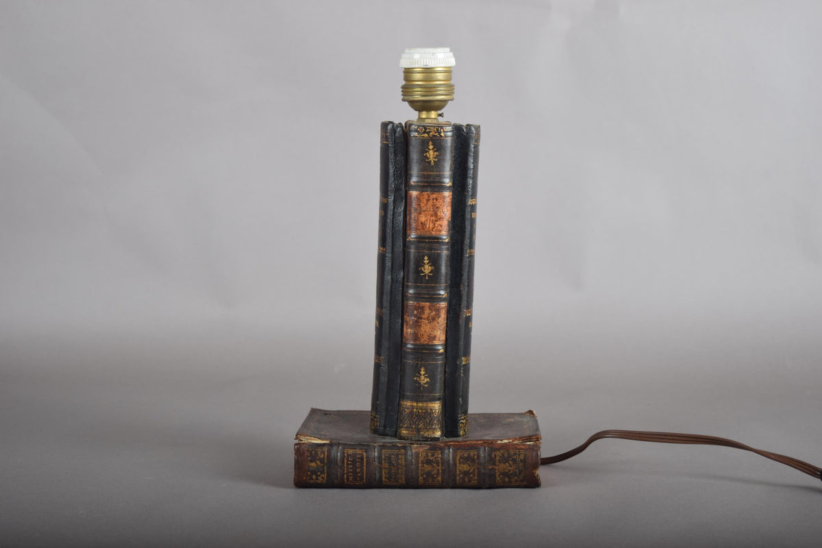 Antique Leather Book Stack Table Lamp — Gilt-Tooled Bindings, Library Accent