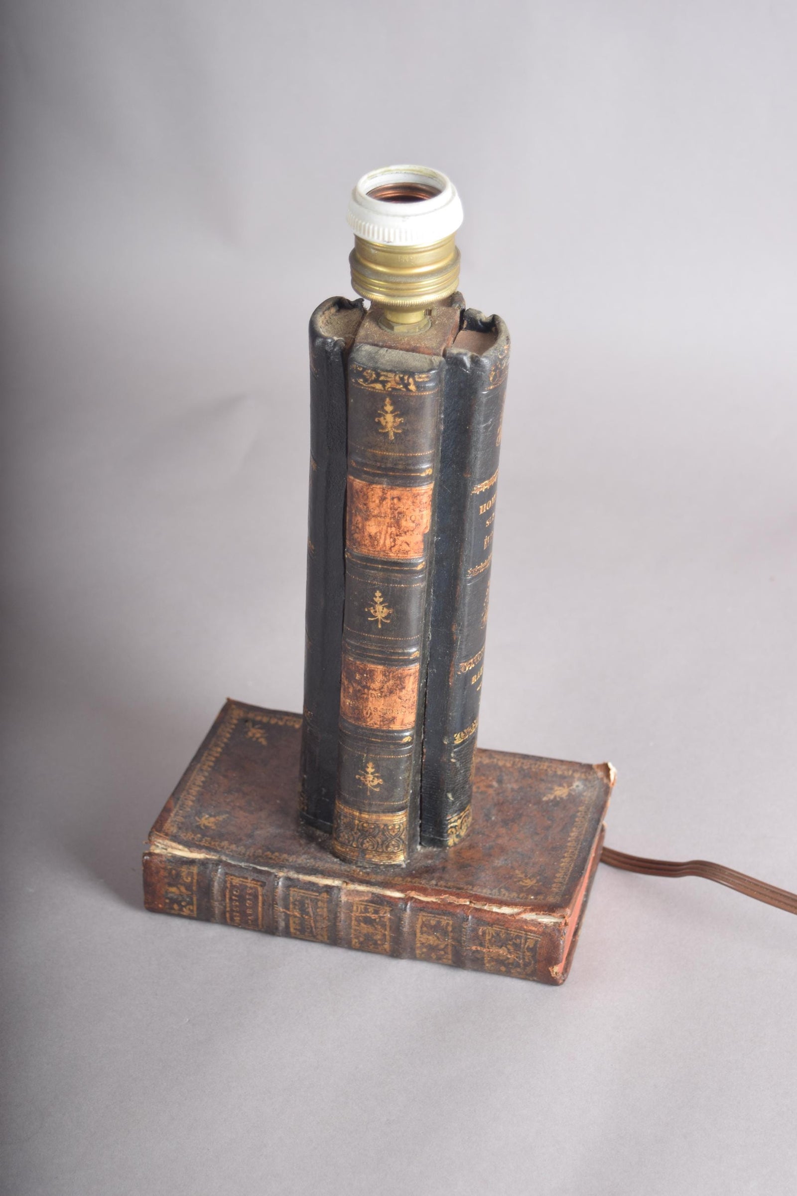 Antique Leather Book Stack Table Lamp — Gilt-Tooled Bindings, Library Accent