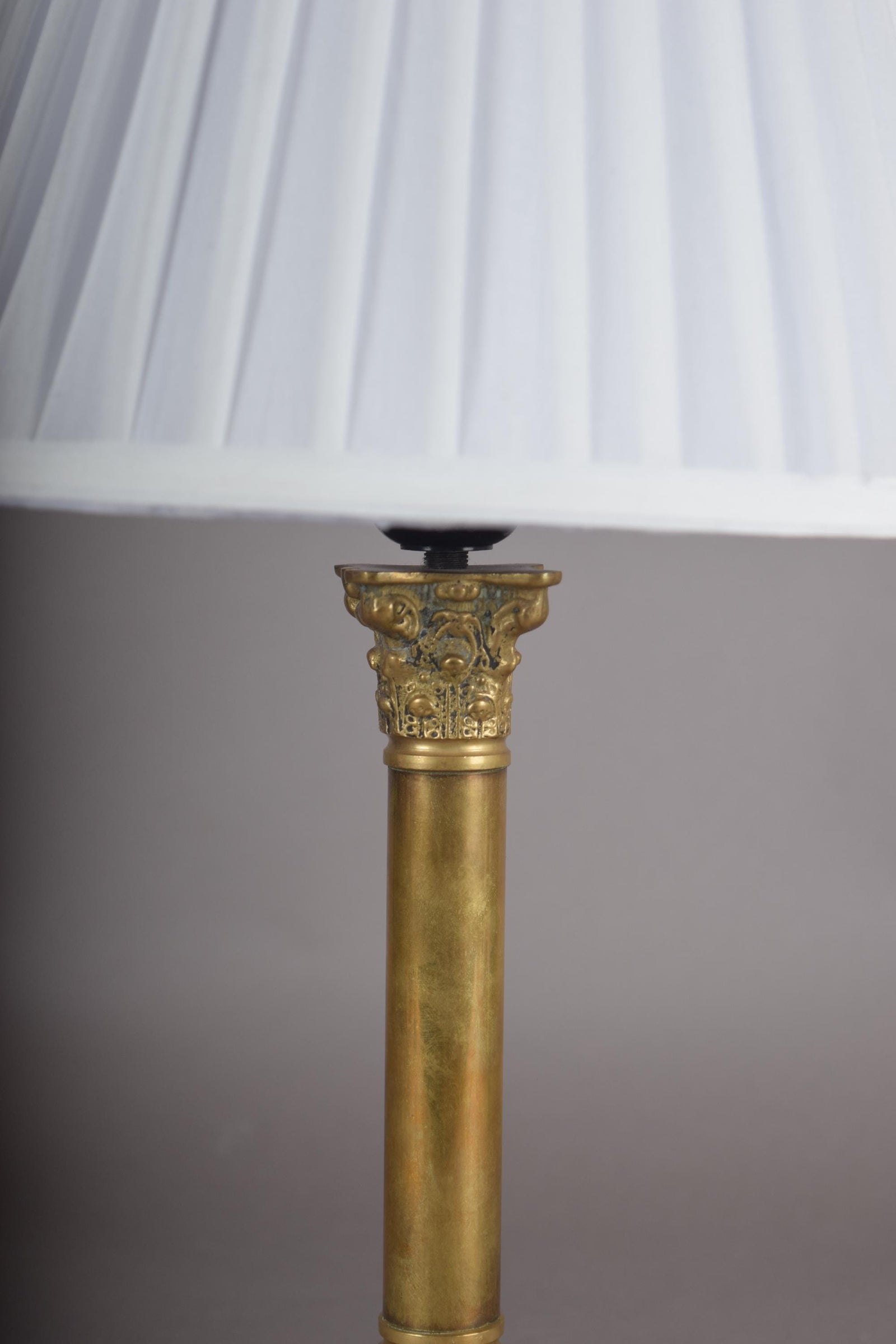 Vintage Brass Column Table Lamp, Ornate Capital and Base — 1950s