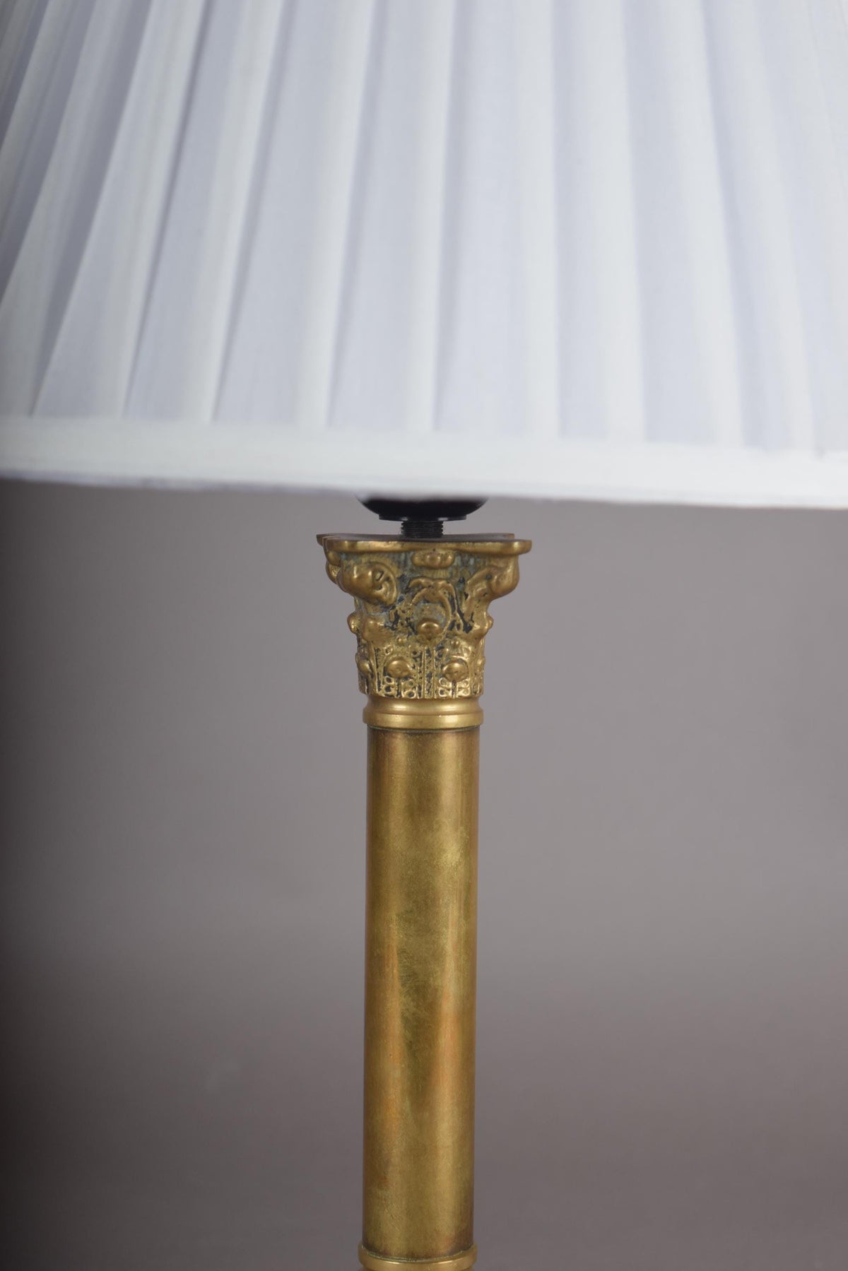 Vintage Brass Column Table Lamp, Ornate Capital and Base — 1950s