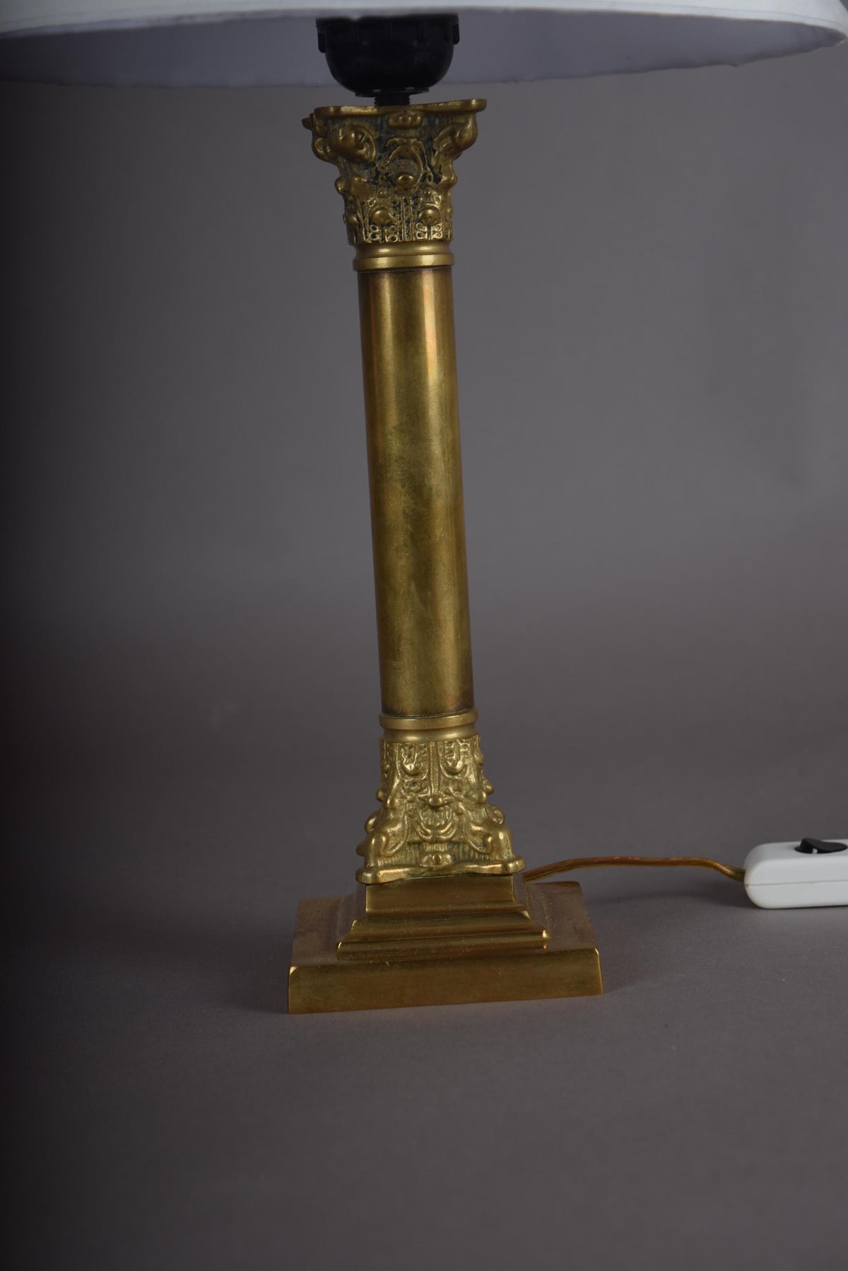 Vintage Brass Column Table Lamp, Ornate Capital and Base — 1950s