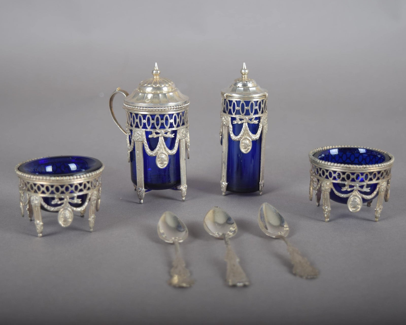 Antique Silver-Mounted Cobalt Glass Condiment Set, Louis XVI Style — French, Circa 1900, 7 Pieces