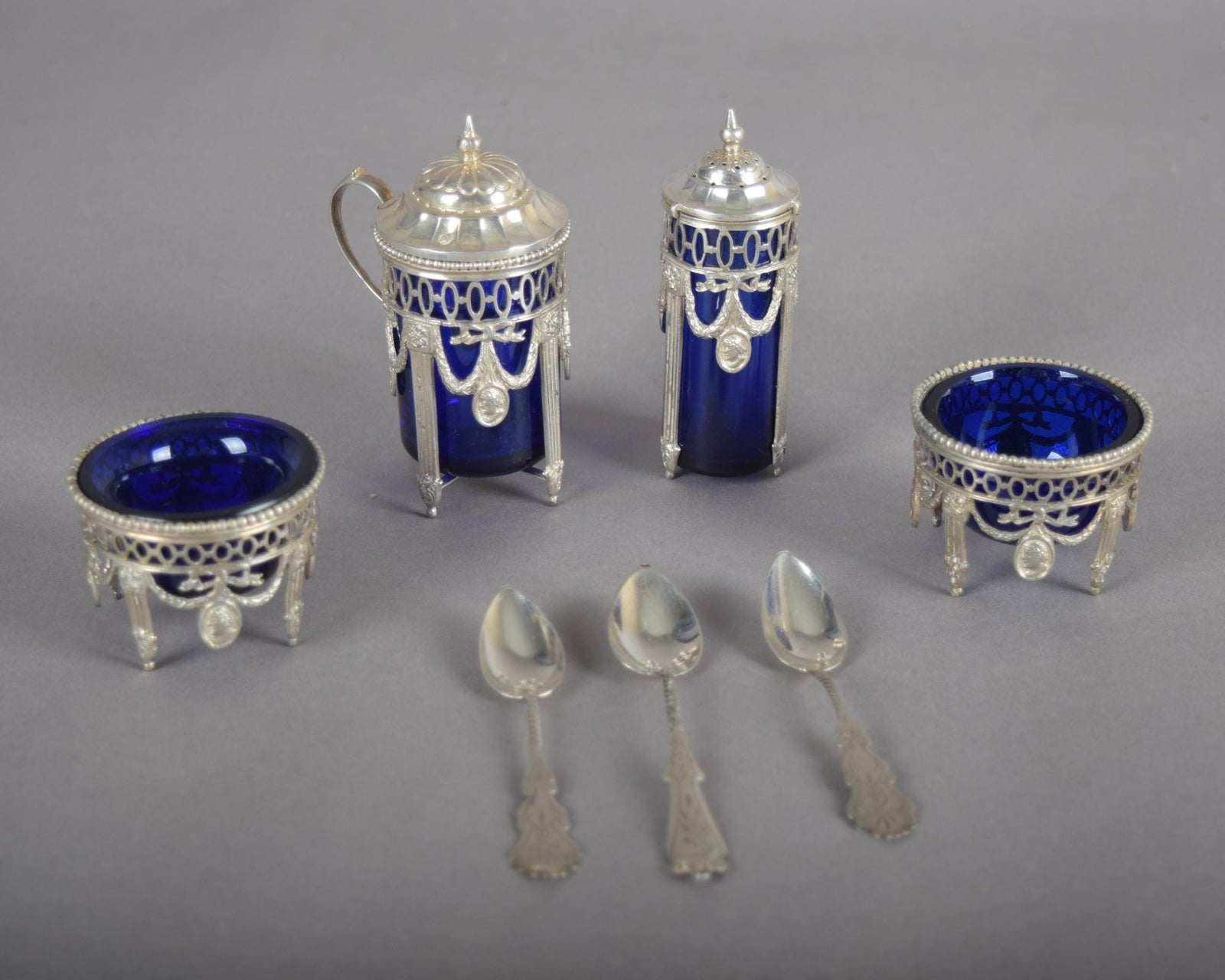 Antique Silver-Mounted Cobalt Glass Condiment Set, Louis XVI Style — French, Circa 1900, 7 Pieces