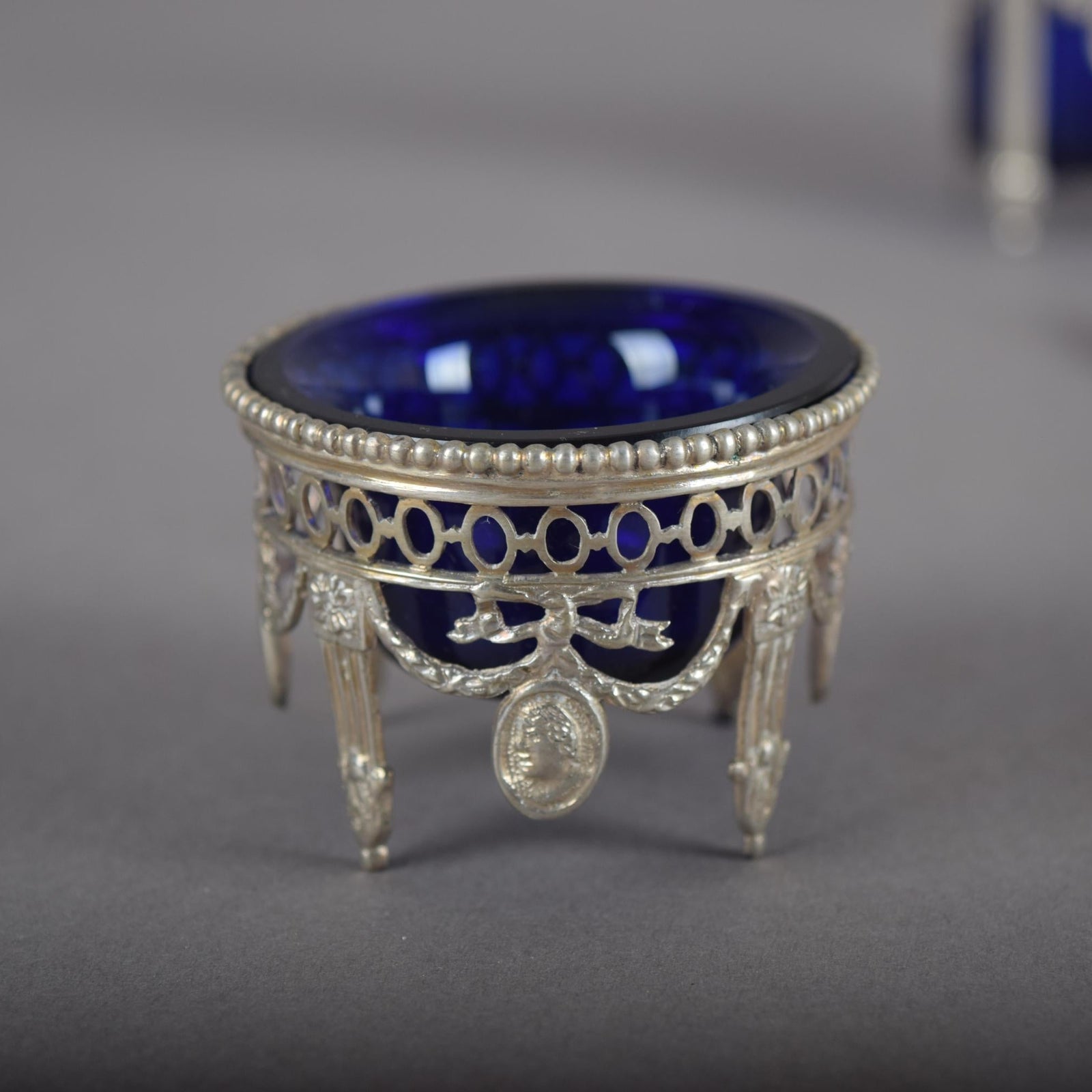 Antique Silver-Mounted Cobalt Glass Condiment Set, Louis XVI Style — French, Circa 1900, 7 Pieces