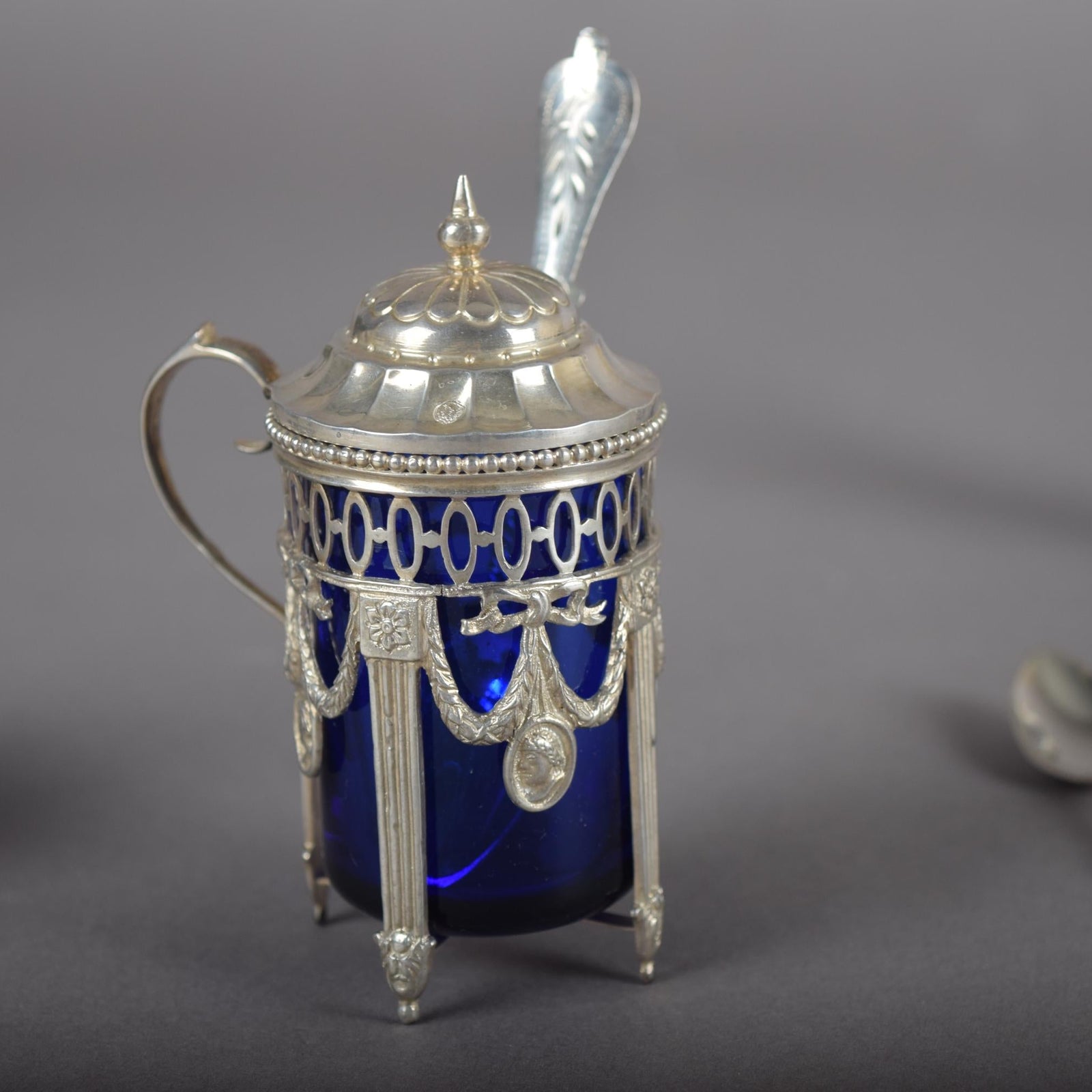 Antique Silver-Mounted Cobalt Glass Condiment Set, Louis XVI Style — French, Circa 1900, 7 Pieces