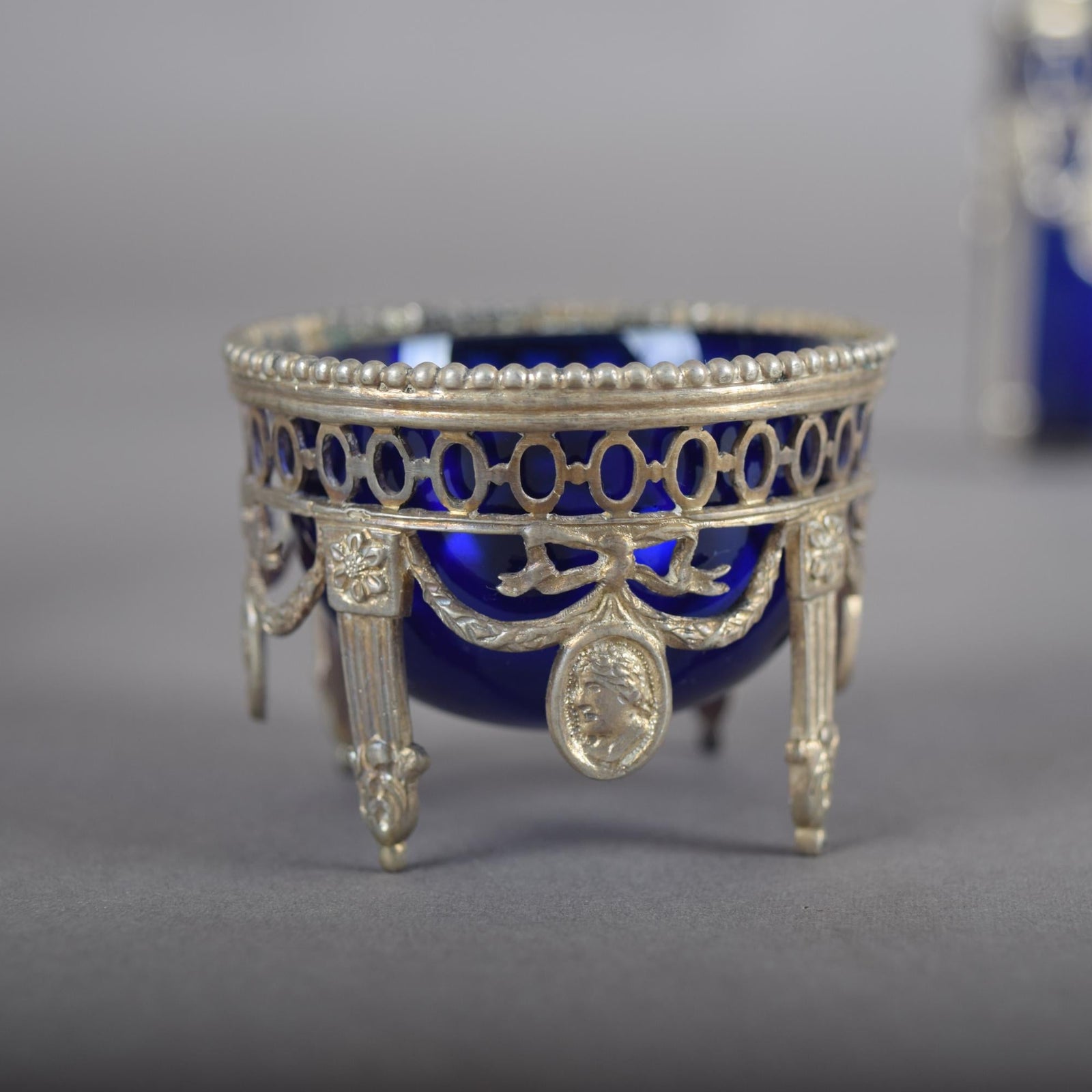 Antique Silver-Mounted Cobalt Glass Condiment Set, Louis XVI Style — French, Circa 1900, 7 Pieces