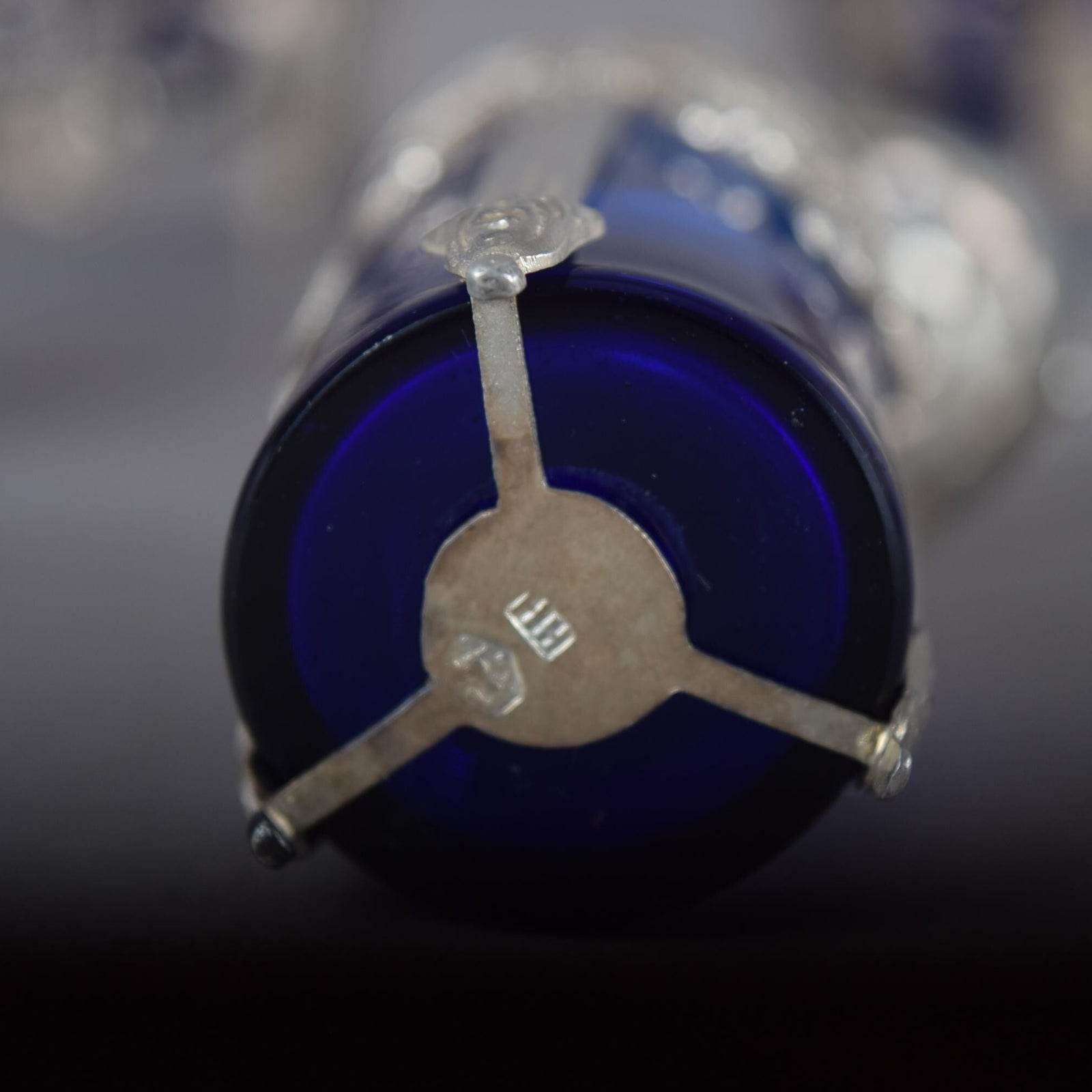 Antique Silver-Mounted Cobalt Glass Condiment Set, Louis XVI Style — French, Circa 1900, 7 Pieces