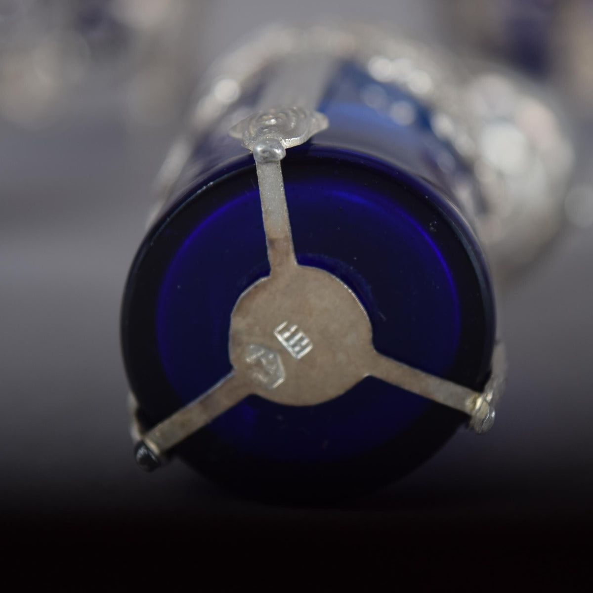 Antique Silver-Mounted Cobalt Glass Condiment Set, Louis XVI Style — French, Circa 1900, 7 Pieces