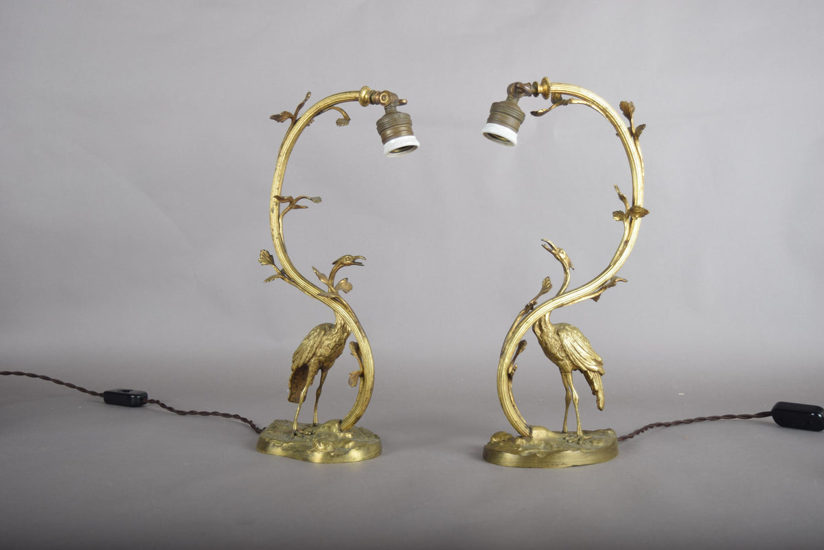 Pair of Gilt Crane Table Lamps, Hollywood Regency / French Art Deco Style, 1930s