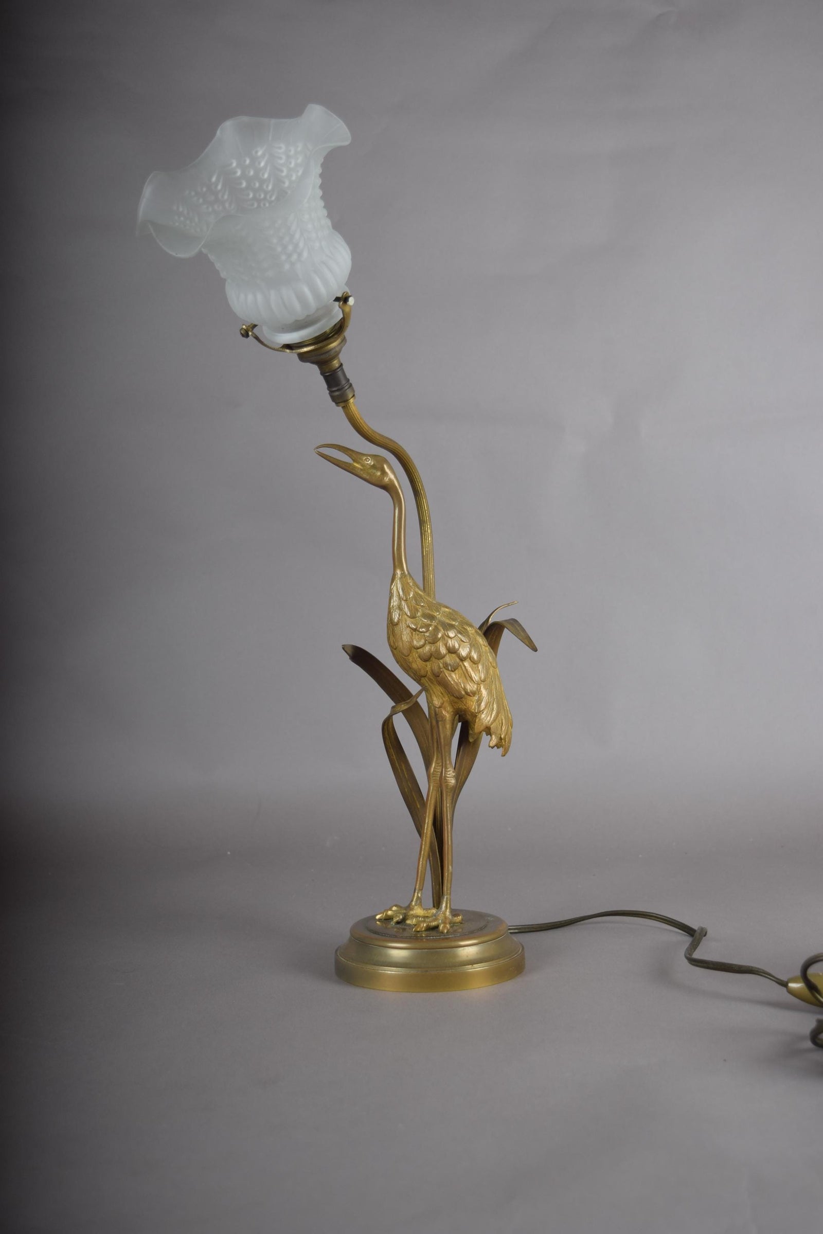 Gilt Crane Table Lamp with Frosted Glass Shade, Hollywood Regency Style