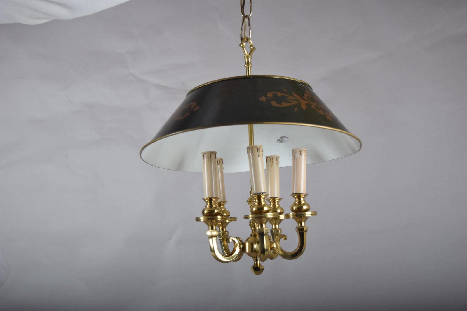Vintage Brass 5-Light Pendant Chandelier, Bouillotte Style — Painted Tôle Shade, 1980s