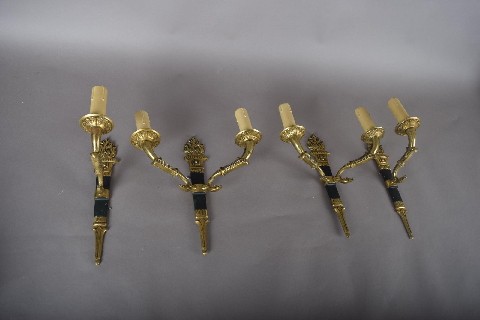 Ornate Gilt Bronze Torch-Form Wall Sconces, Empire Style, Set of Four (Mixed Arm Configuration)