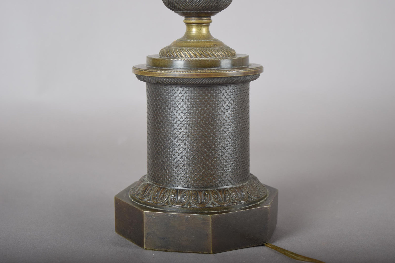 Antique Bronze Column Table Lamp, Hexagonal Base — Neoclassical, 19th Century