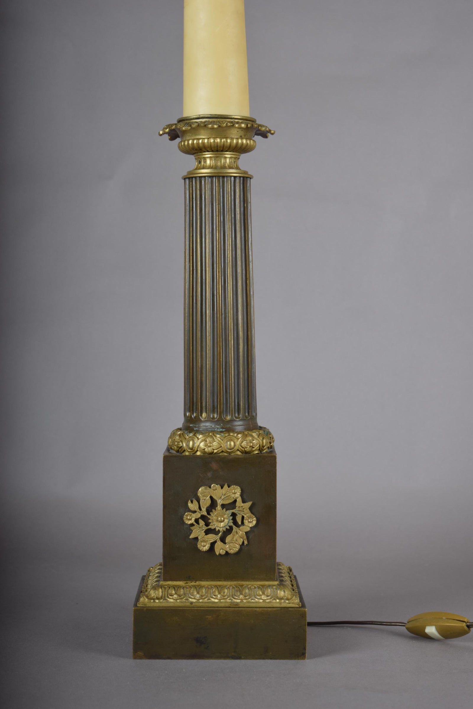 Antique Bronze Column Table Lamp, Gilt Floral Accents, Neoclassical Style, 19th Century