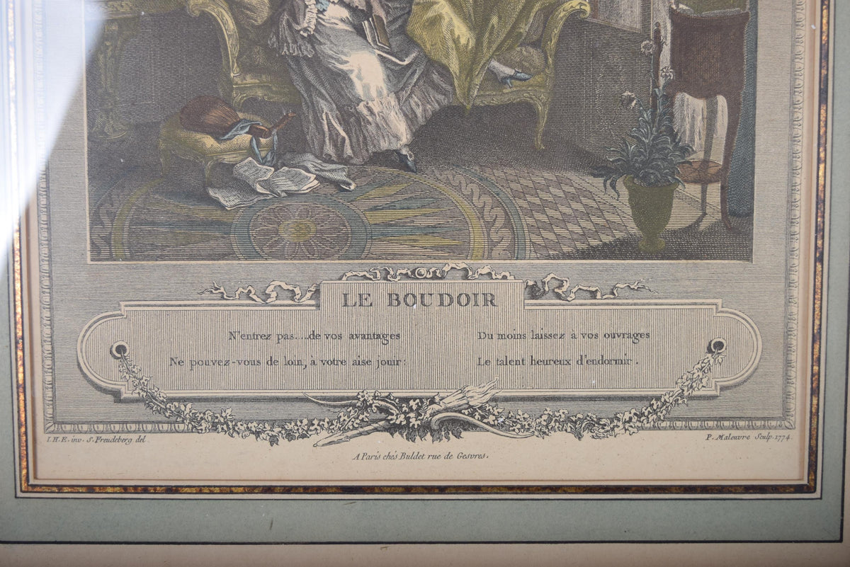 Antique Hand-Colored Engraving "Le Boudoir," P. Malœuvre after Freudenberg, 1774, Carved Giltwood Frame