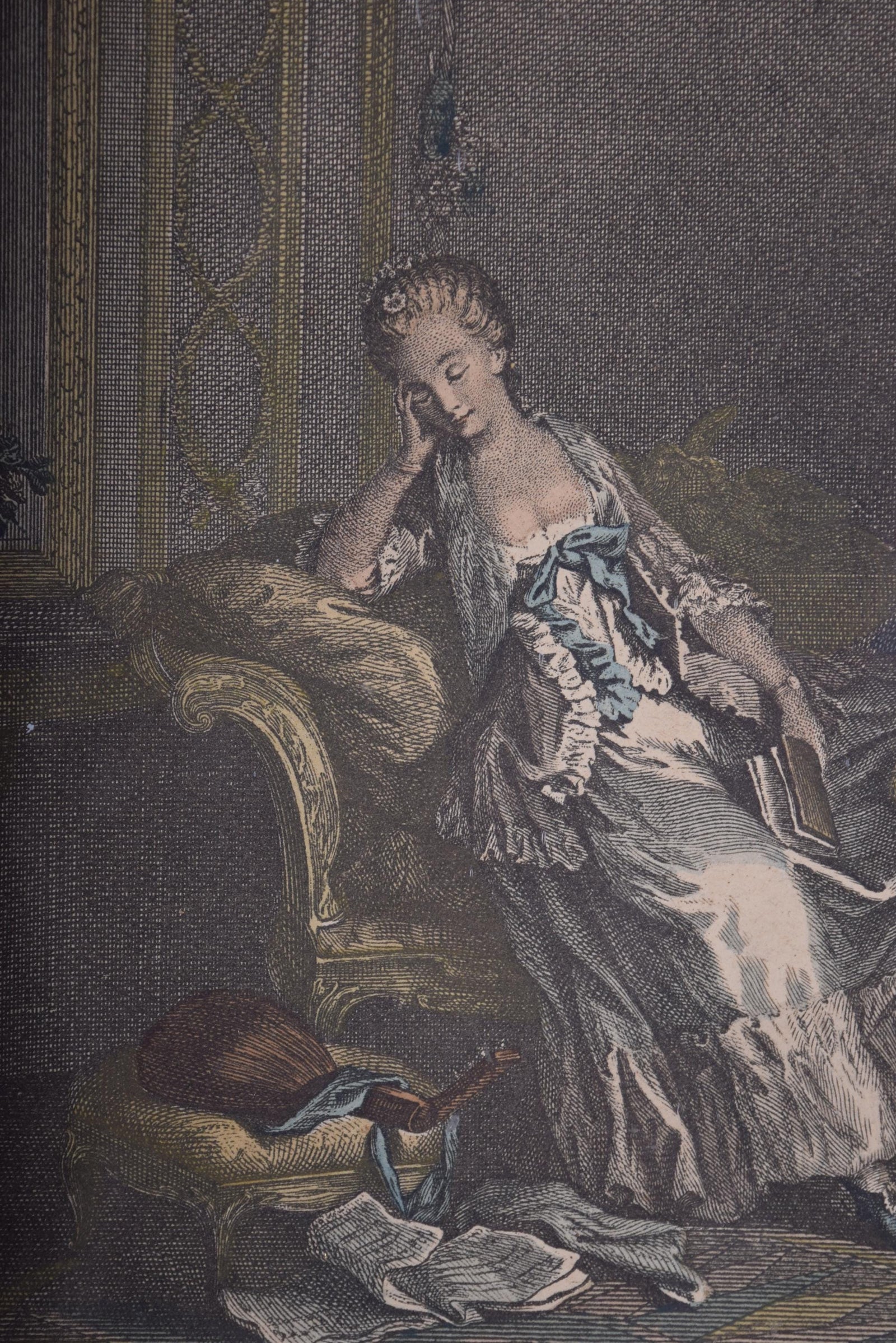 Antique Hand-Colored Engraving "Le Boudoir," P. Malœuvre after Freudenberg, 1774, Carved Giltwood Frame