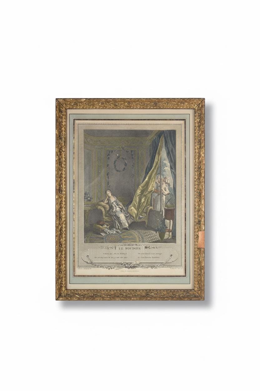 Antique Hand-Colored Engraving "Le Boudoir," P. Malœuvre after Freudenberg, 1774, Carved Giltwood Frame