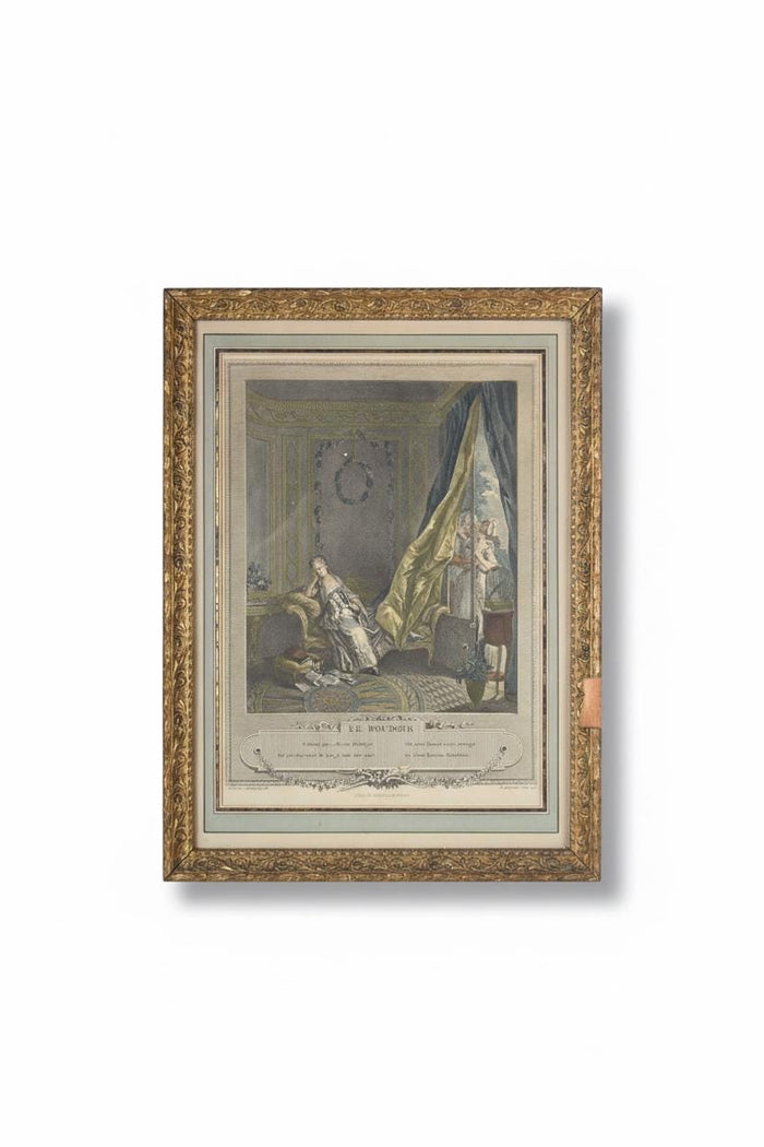 Antique Hand-Colored Engraving "Le Boudoir," P. Malœuvre after Freudenberg, 1774, Carved Giltwood Frame