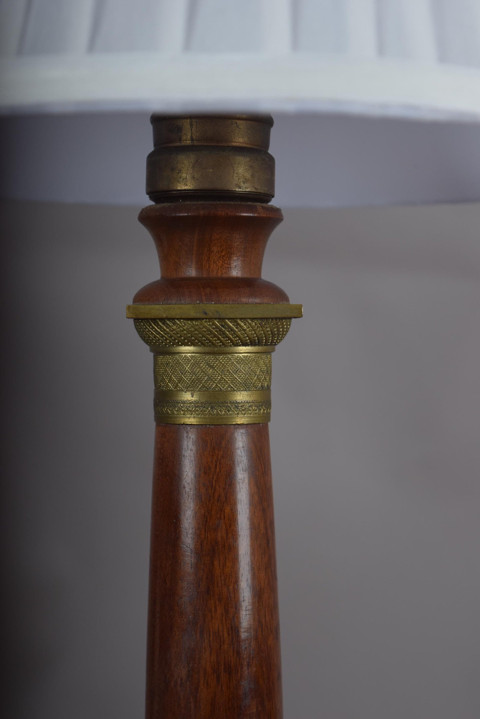 Vintage Turned Wood Column Table Lamp, Brass Collar Accents, Neoclassical Style, 1950s