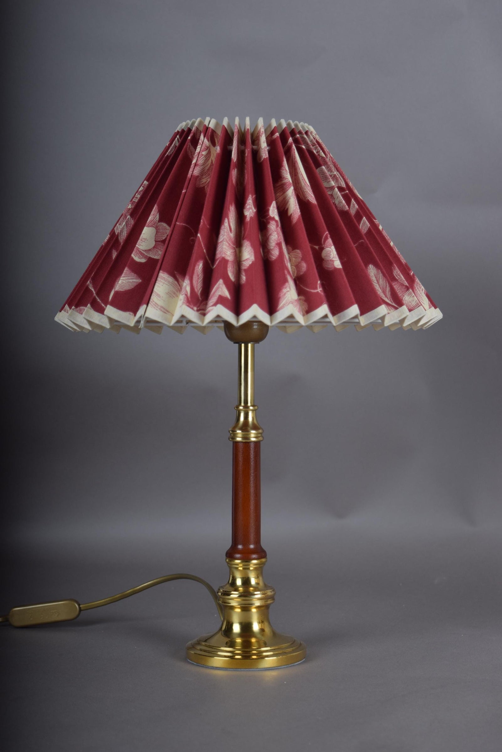 Pair of Brass and Wood Table Lamps with Pleated Floral Shades, 1970s