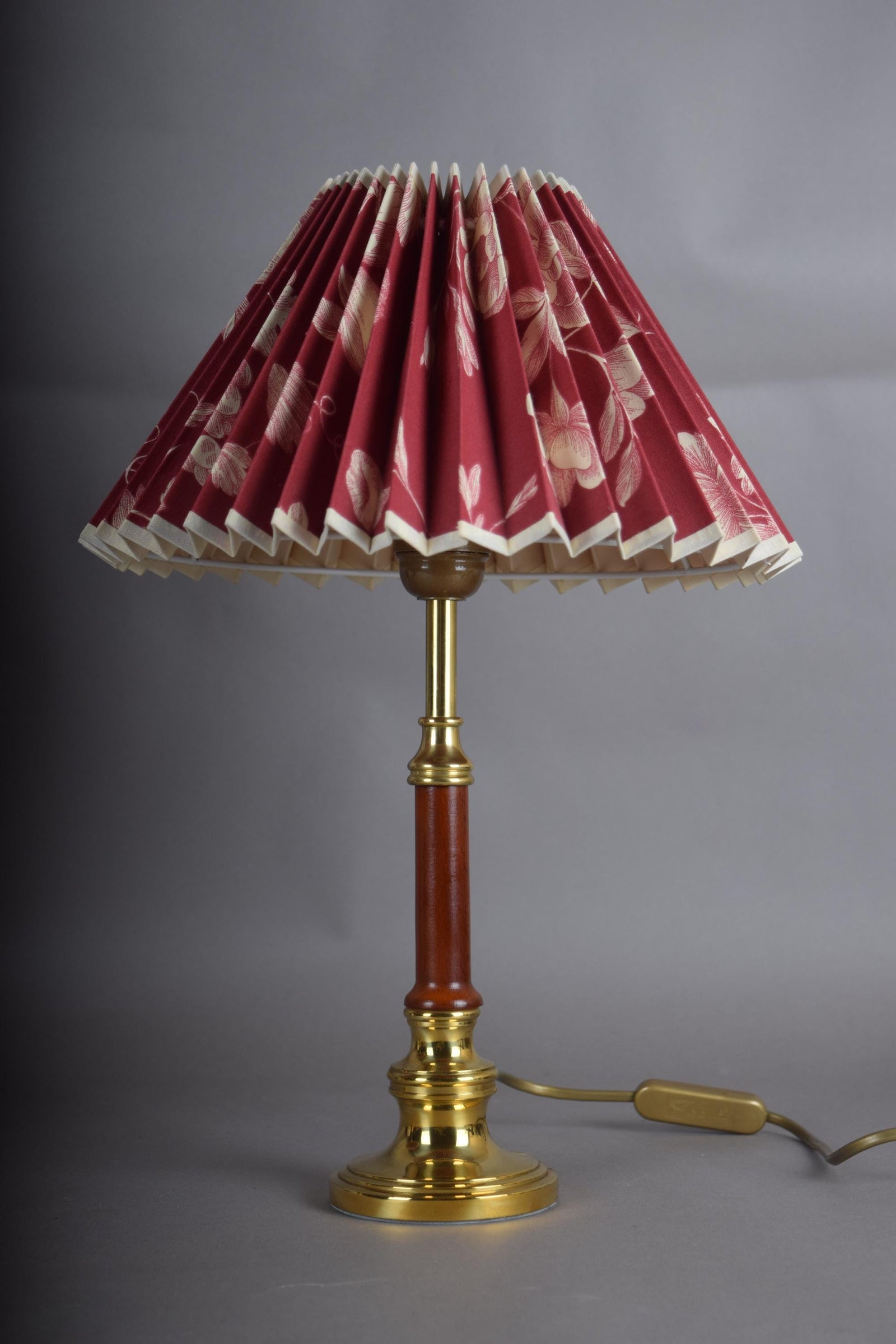 Pair of Brass and Wood Table Lamps with Pleated Floral Shades, 1970s