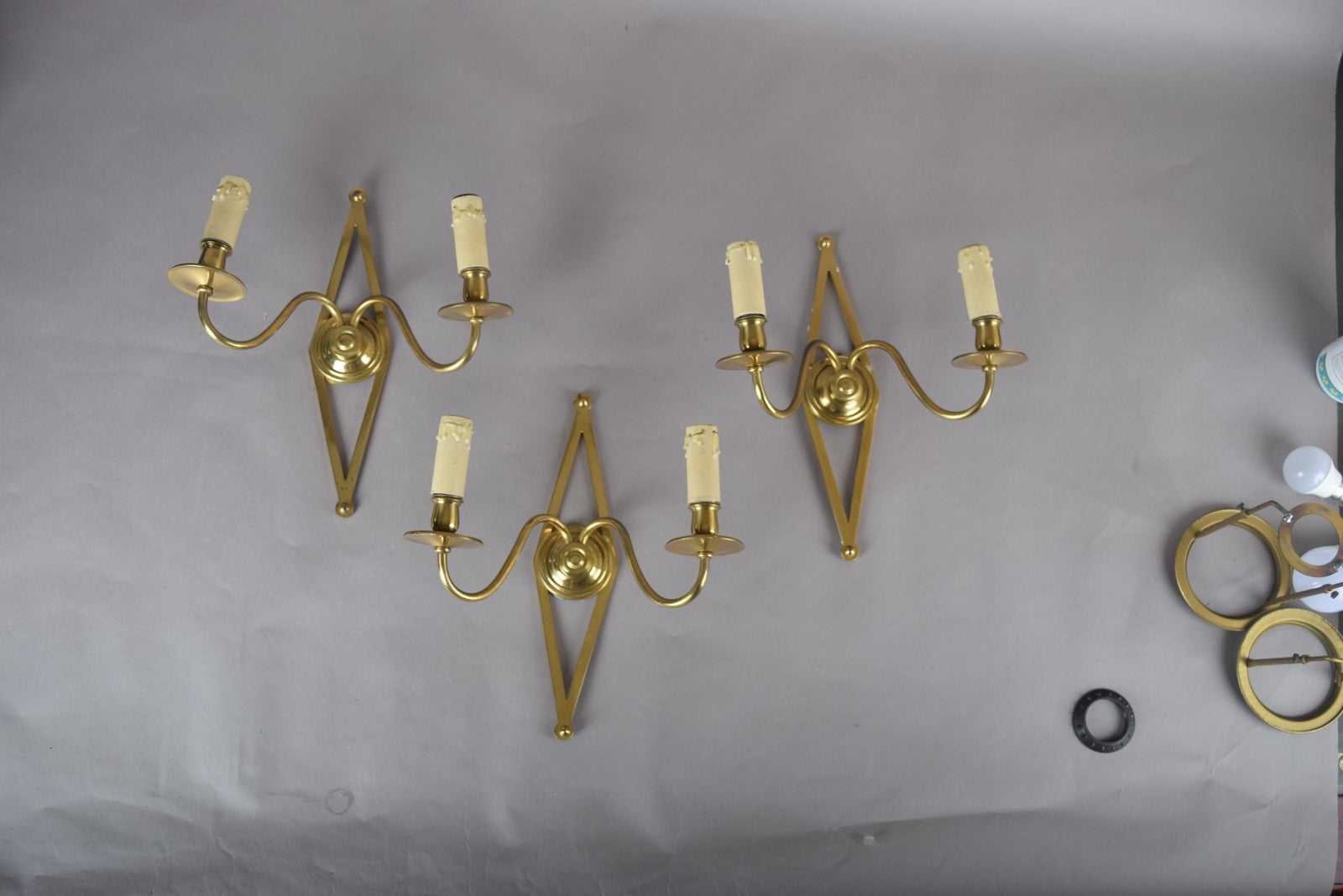 Set of Three Brass Wall Sconces, Geometric Diamond Backplate, French Style, 1960s
