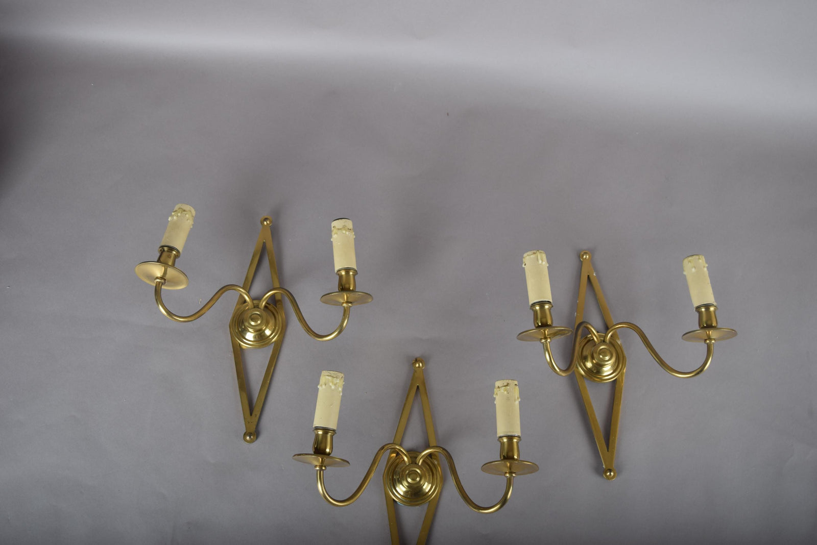 Set of Three Brass Wall Sconces, Geometric Diamond Backplate, French Style, 1960s