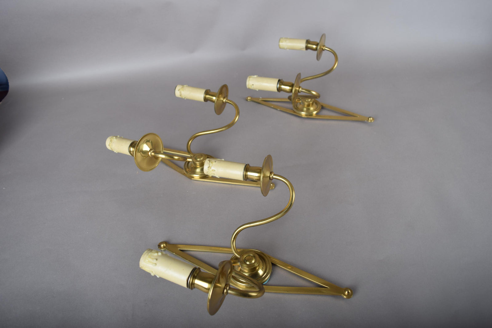 Set of Three Brass Wall Sconces, Geometric Diamond Backplate, French Style, 1960s