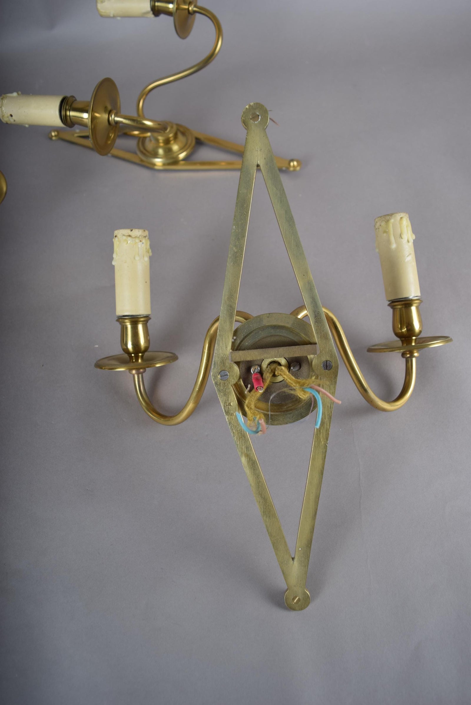 Set of Three Brass Wall Sconces, Geometric Diamond Backplate, French Style, 1960s